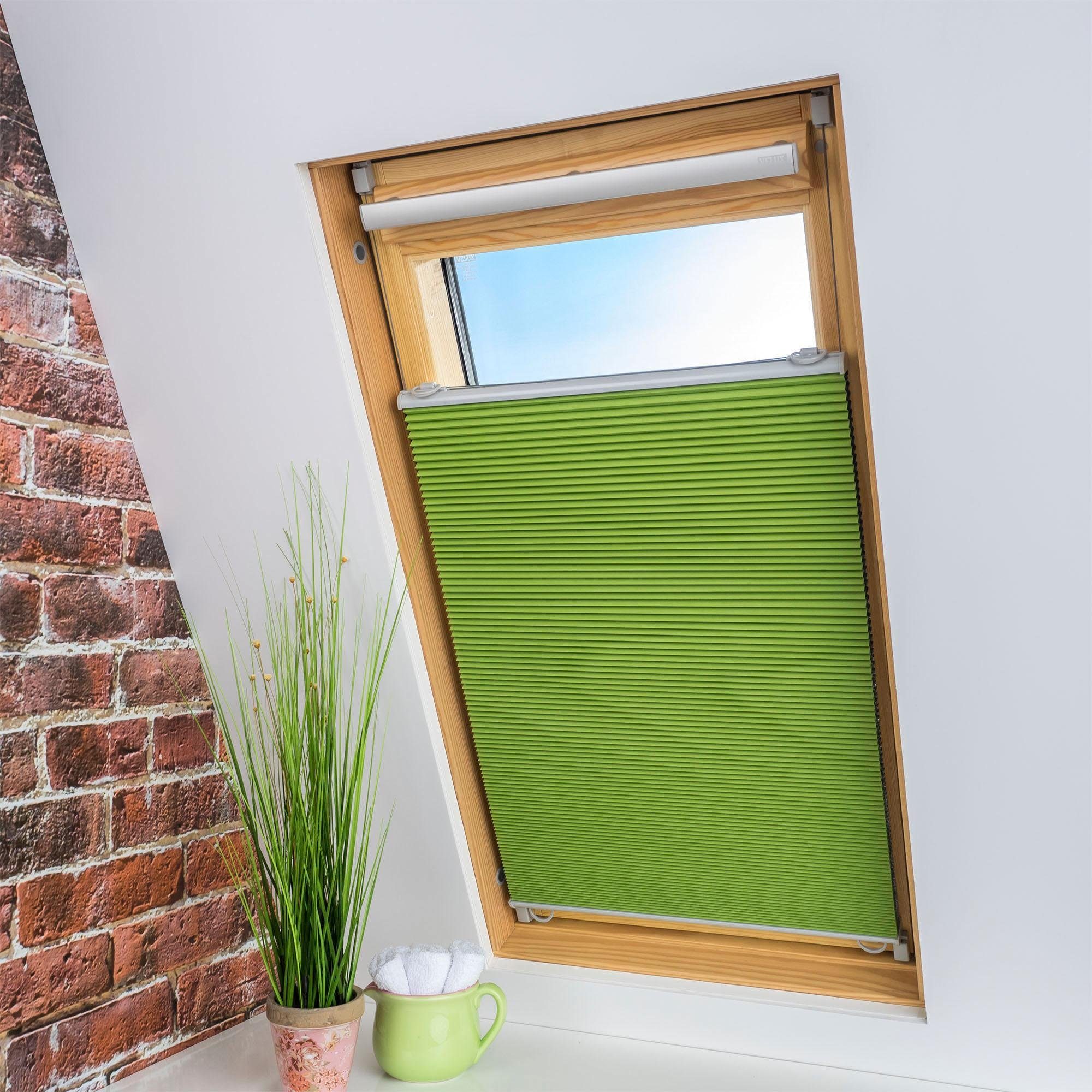 grün Klemmfix, verspannt, Bohren, verdunkelnd, Dachfensterplissee Universal Liedeco, Fixmaß ohne Dachfenster-Plissee,