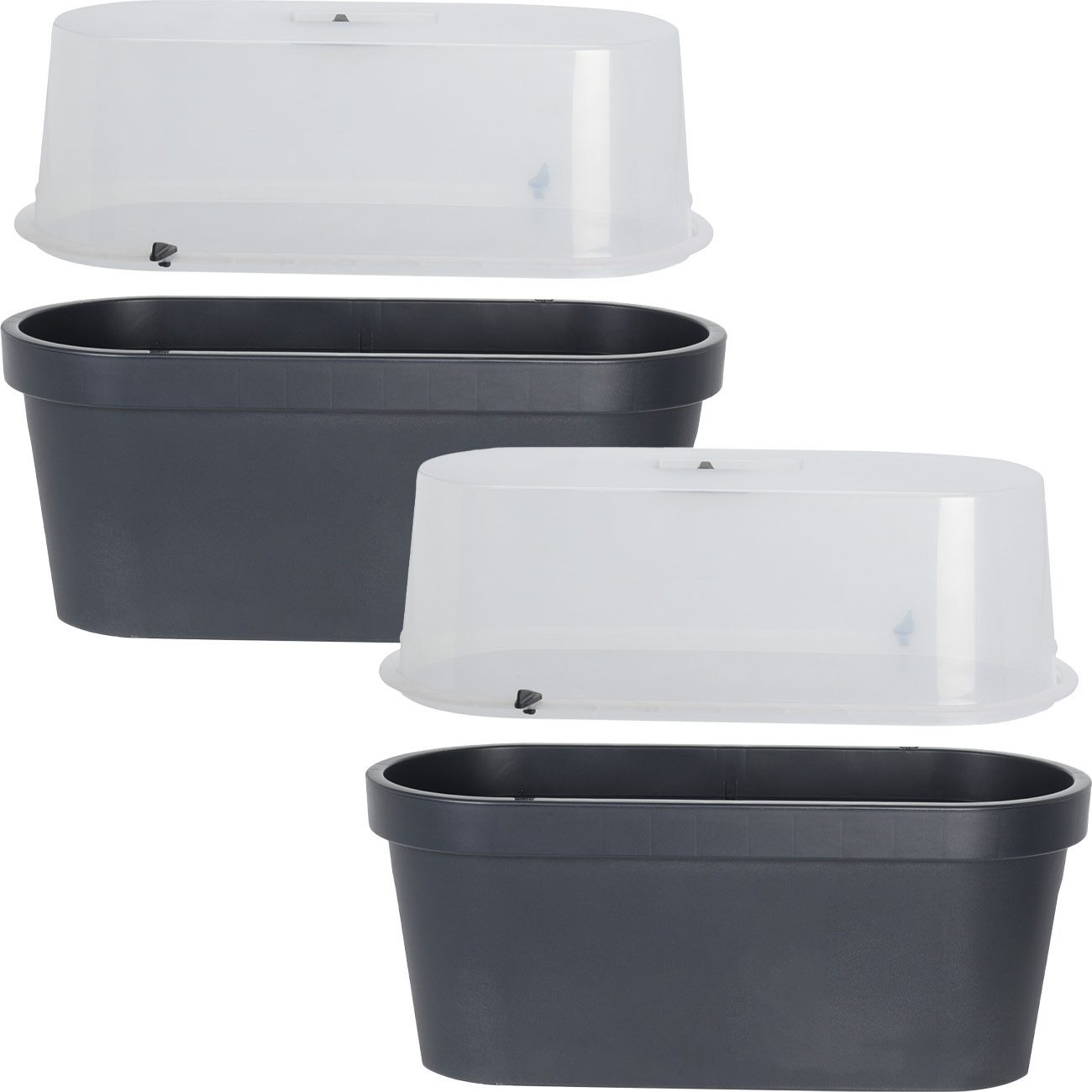 Koopman Blumentopf Geländer-Pflanzkübel Blumentopf 59cm Balkon-Topf mit Haube Anthrazit (2 St., 1er/2er-Set), Balkongeländer-Blumentopf mit Mini-Gewächshaus-Haube & Ablauföffnung
