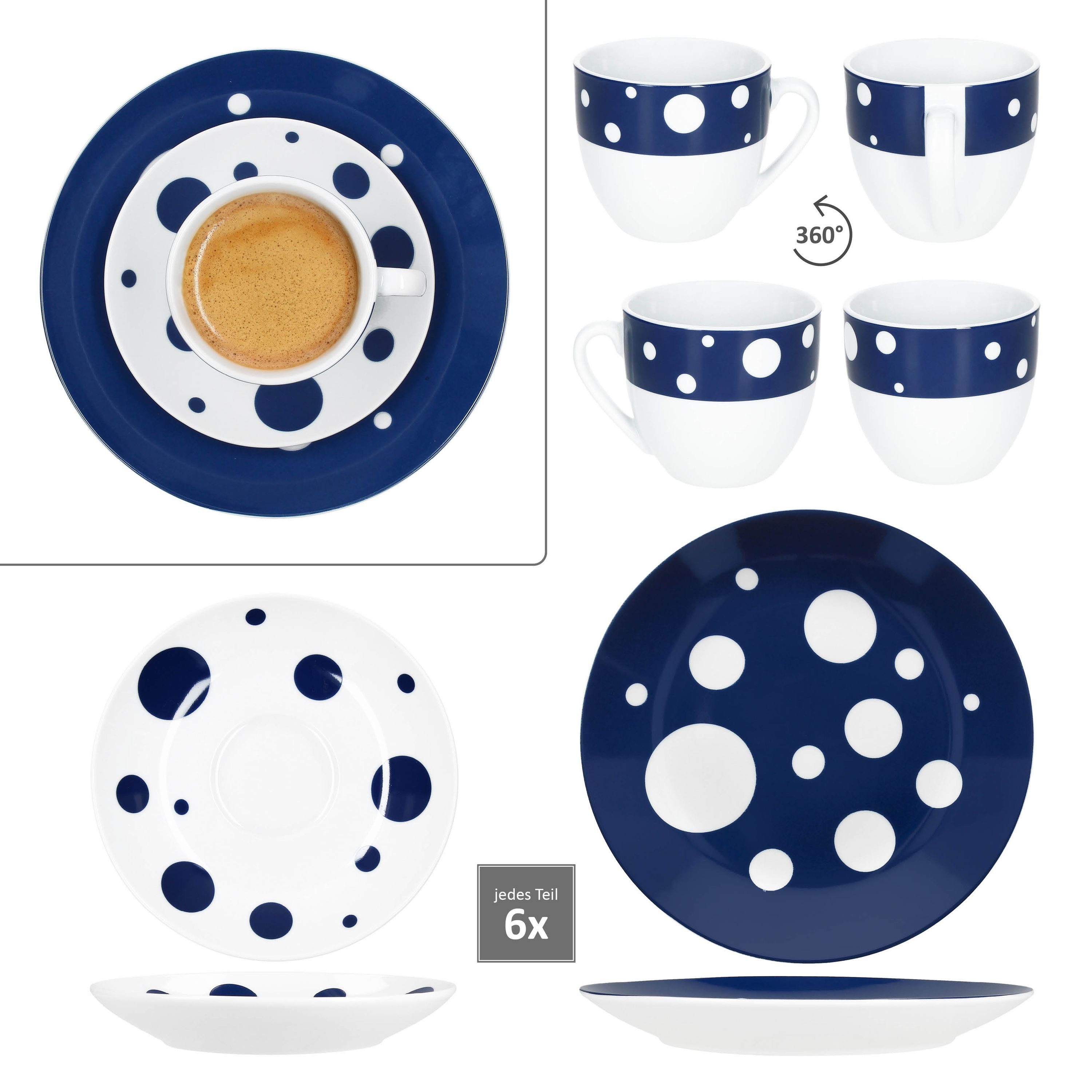 MamboCat Kaffeeservice 18tlg Kaffeeservice Pula blau Porzellan 6 Pers. Tassen Teller Punkte, Porzellan – Bild 4 von 5