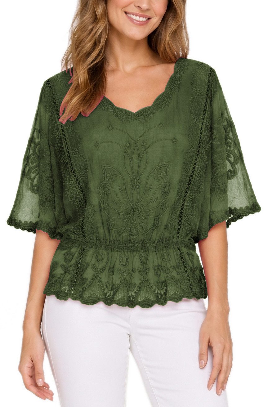 dy_mode Spitzenbluse Damen Sommerbluse mit Spitze Kurzarm Oberteil Einfarbig Transparent in Unifarbe, transparenten Ärmel