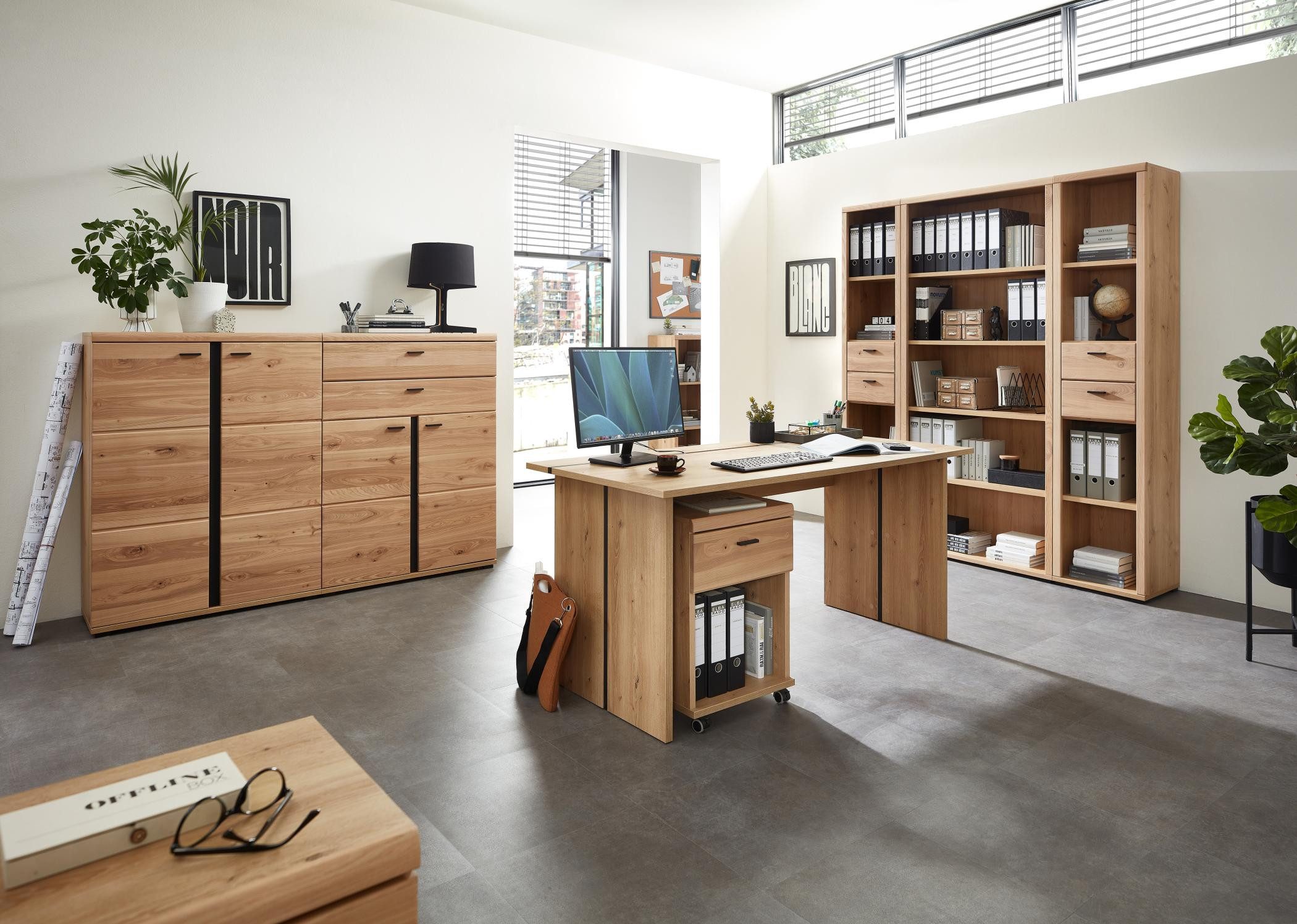 Innostyle Büromöbel-Set Komplettbüro SONOS VI 7-teilig Front Altesche Massivholz gebürstet, (Komplett-Set, 7-tlg., 2x Schrank, 3x Regal, 1x Schreibtisch, 1x Rollcontainer)