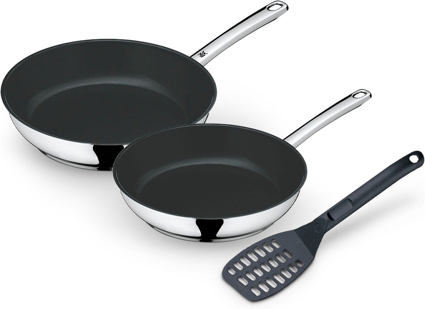 WMF Pfannen-Set Devil, Edelstahlpfanne Induktion mit Antihaftversiegelung, Cromargan® Edelstahl Rostfrei 18/10 (Set, 3-tlg., 2x Bratpfannen Ø 24/28 cm, 1x Pfannenwender), TransTherm®-Allherdboden, für alle Herdarten, inkl. Pfannenwender