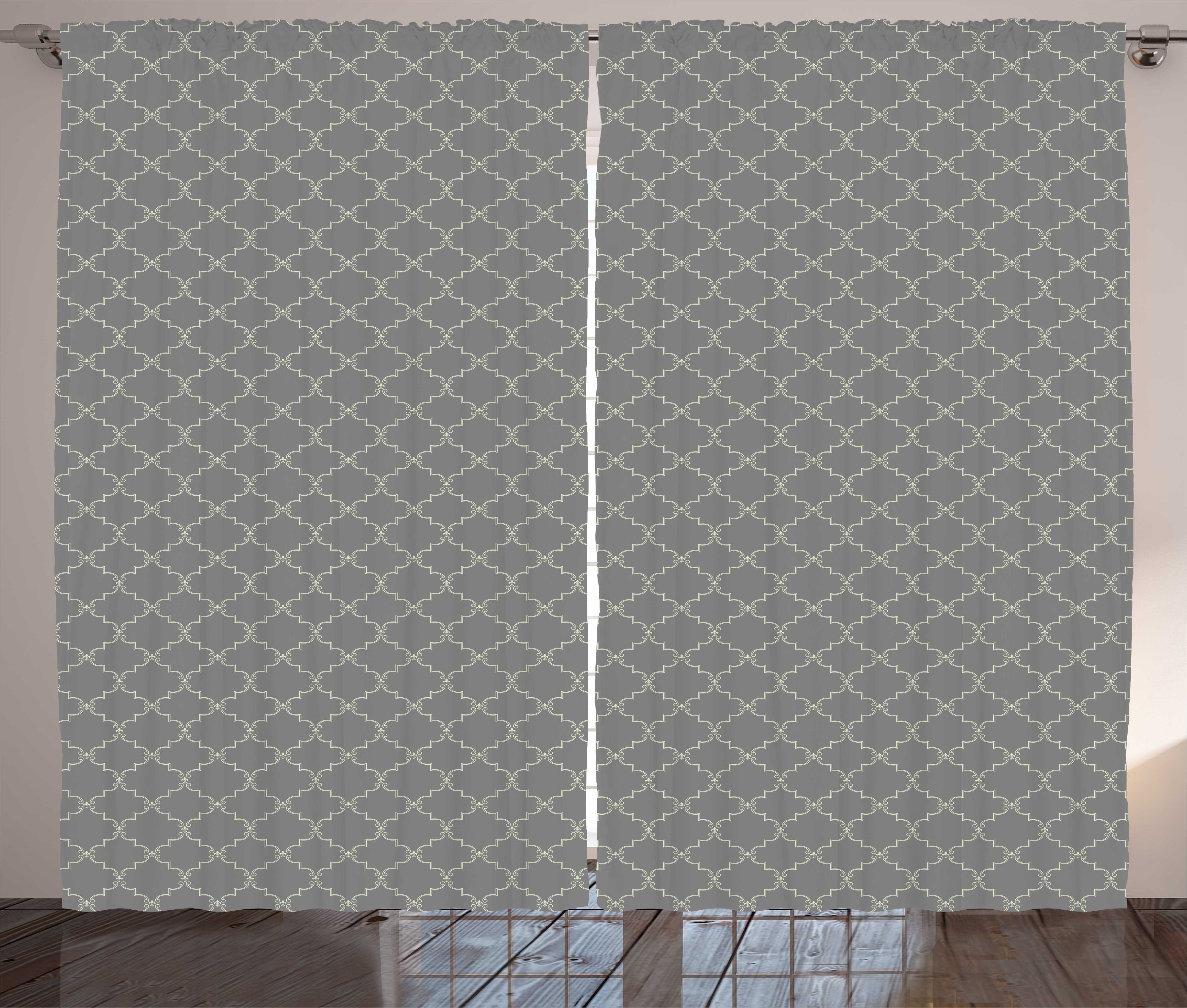 Gardine Schlafzimmer Kräuselband Vorhang mit Schlaufen und Haken, Abakuhaus, Damast-Grau Abstrakt Oriental Grid