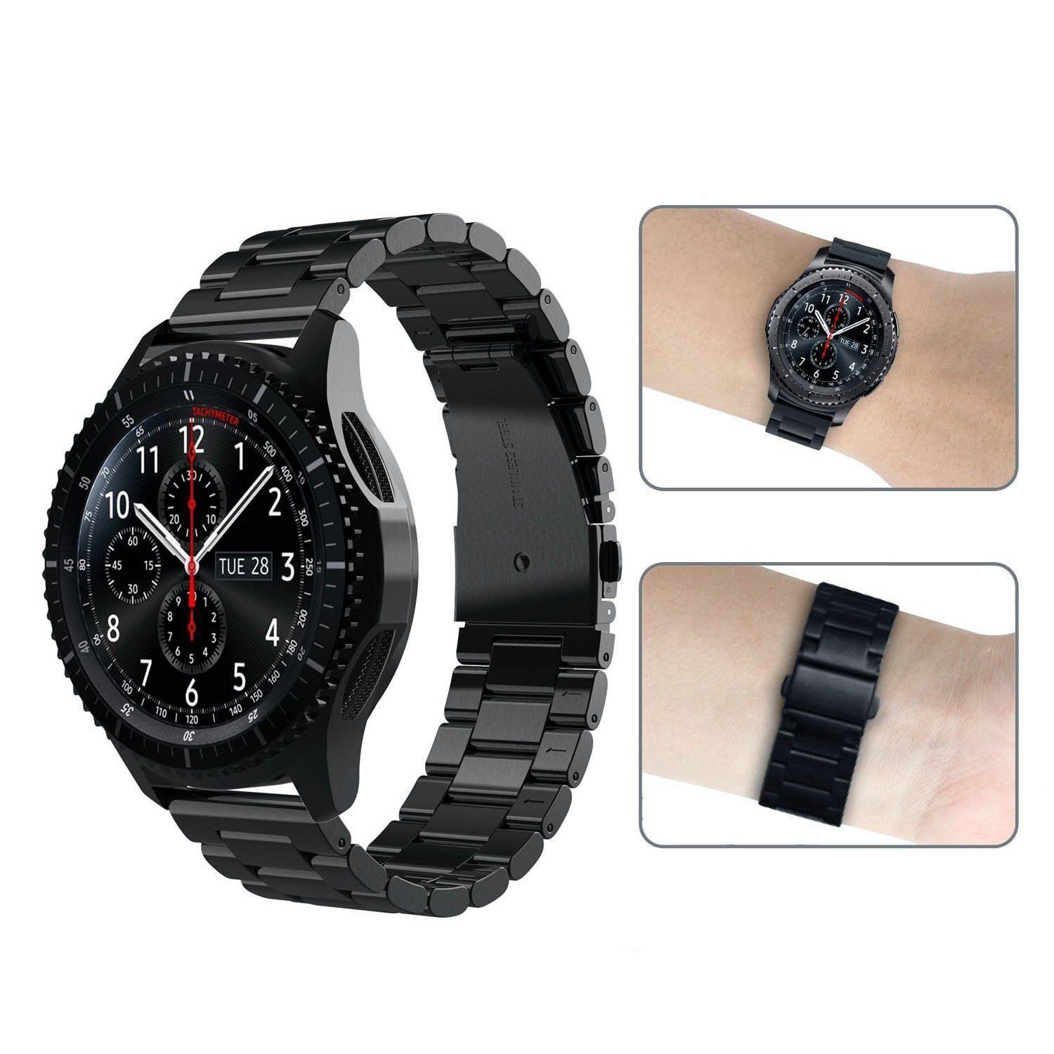 Gear Kompatibel Uhrenarmband Schwarz FELIXLEO Frontier Edelstahl mit S3 Armbänder,22MM