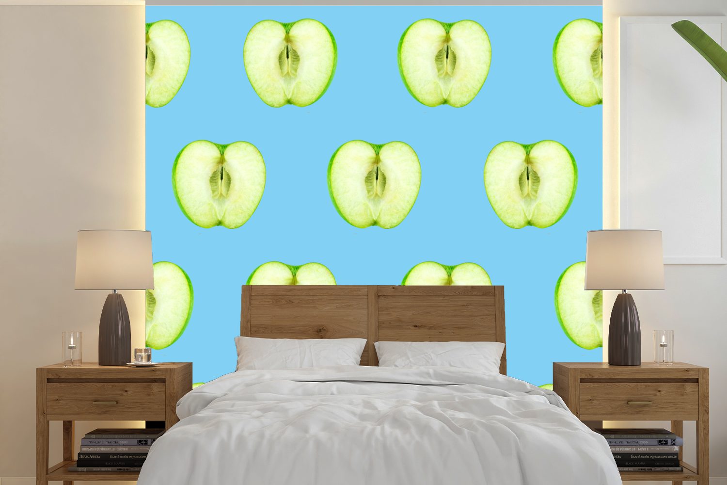 MuchoWow Fototapete Apfel - Pastell - Muster, Matt, bedruckt, (5 St), Vinyl Tapete für Wohnzimmer oder Schlafzimmer, Wandtapete