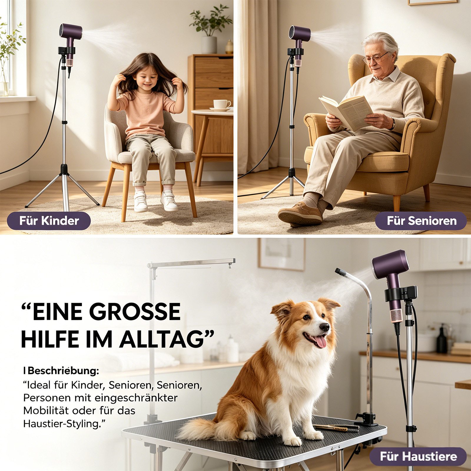 JOYOLEDER Haartrocknerhalter Föhn Halterung, Höhenverstellbar von 75 bis 150 cm, (Haartrocknerständer Ohne Bohren 180° Drehbarer für, Hotel Wohnzimmer Barbersho – Bild 3 von 5