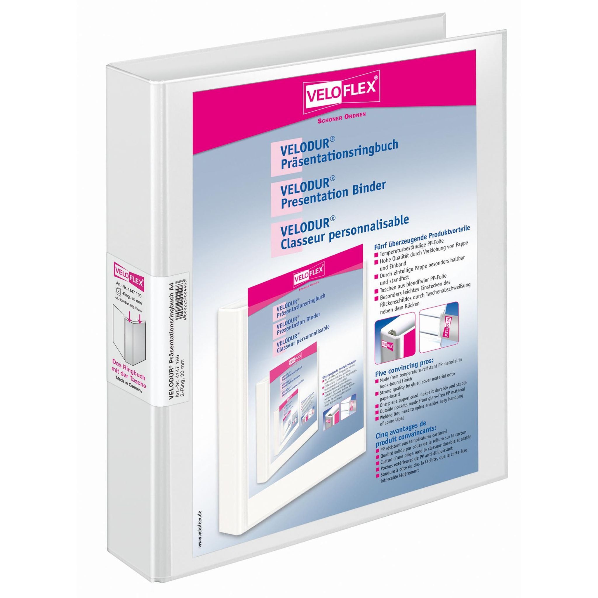 VELOFLEX Ringbuchmappe VeloflexVELODUR-Ringbuch A4 weiß 2-D-Ring-Mechanik 30 mm