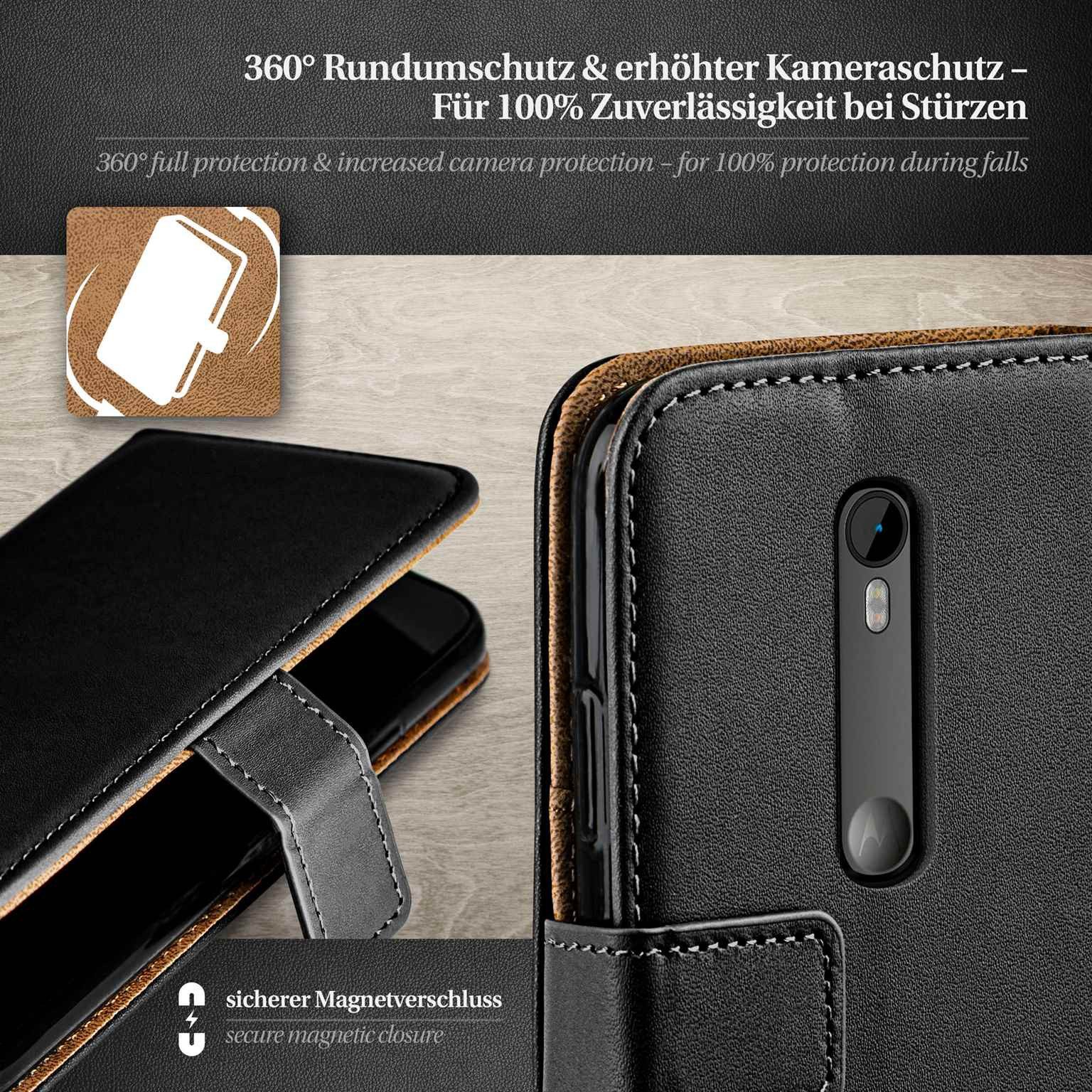 moex Handyhülle für Motorola Moto G3 Hülle Klappbar Book Case Schwarz 5 Zoll, Klapphülle Kartenfach Flip Cover Handytasche Leder Optik Schutzhülle
