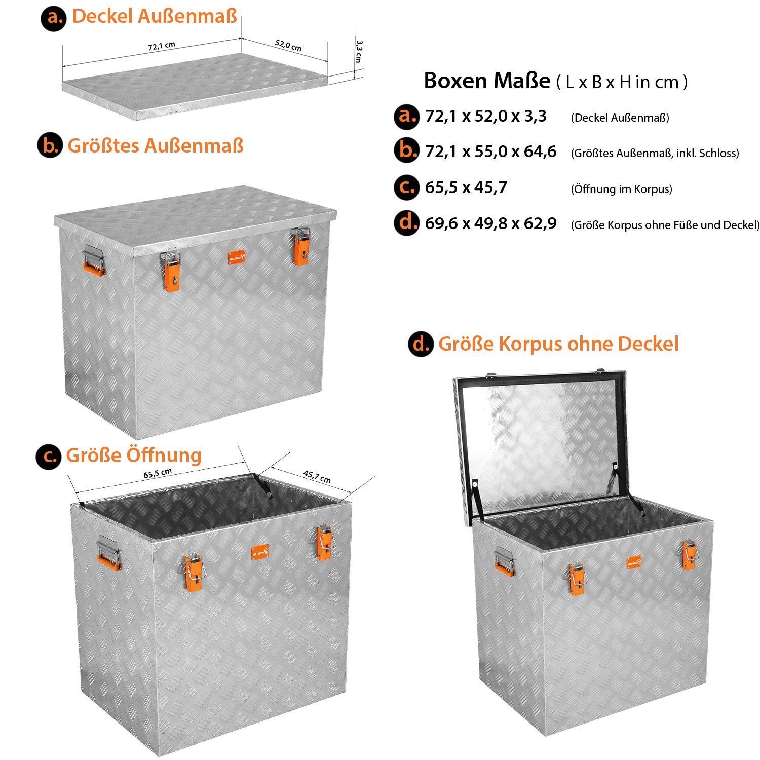 ALUBOX Aufbewahrungsbox aus Aluminiumriffelblech massive Transportkiste (234 Liter), Fangbänder & Gasdruckdämpfer im Deckel