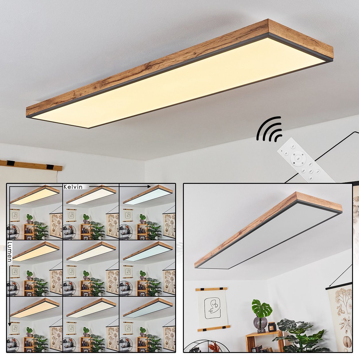 hofstein Deckenleuchte »Vacil« dimmbare beiliegende dimmbar 225-2250 Watt, Kelvin, Lumen, 6000 über Metall, MDF, aus Deckenlampe 36 Fernbedienung Schwarz/Weiß/Holzoptik