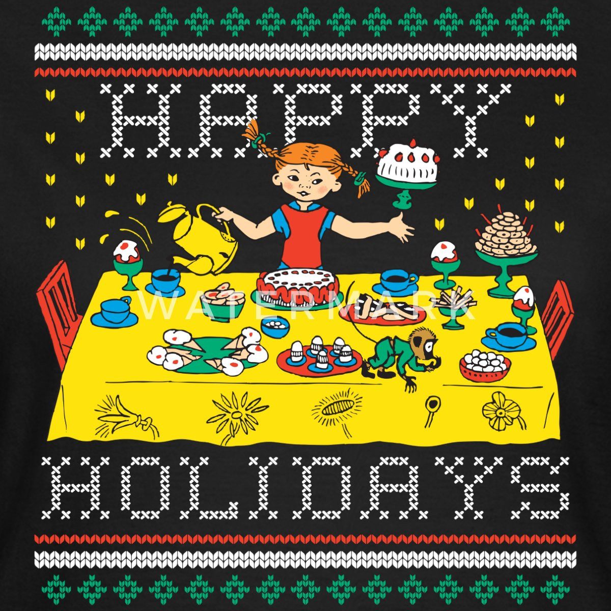 Spreadshirt T-Shirt Pippi Langstrumpf Happy Holidays Ugly Christmas Frauen T-Shirt (1-tlg) Slim Fit, fällt klein aus