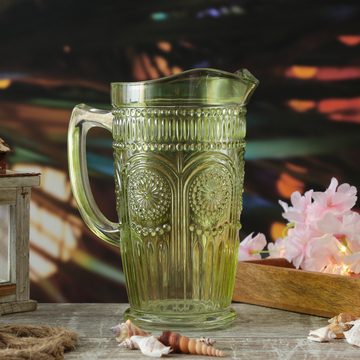 MARELIDA Wasserkrug Glaskrug Vintage Boho Blumenmuster Karaffe Tee Saft Kanne 1,4l grün