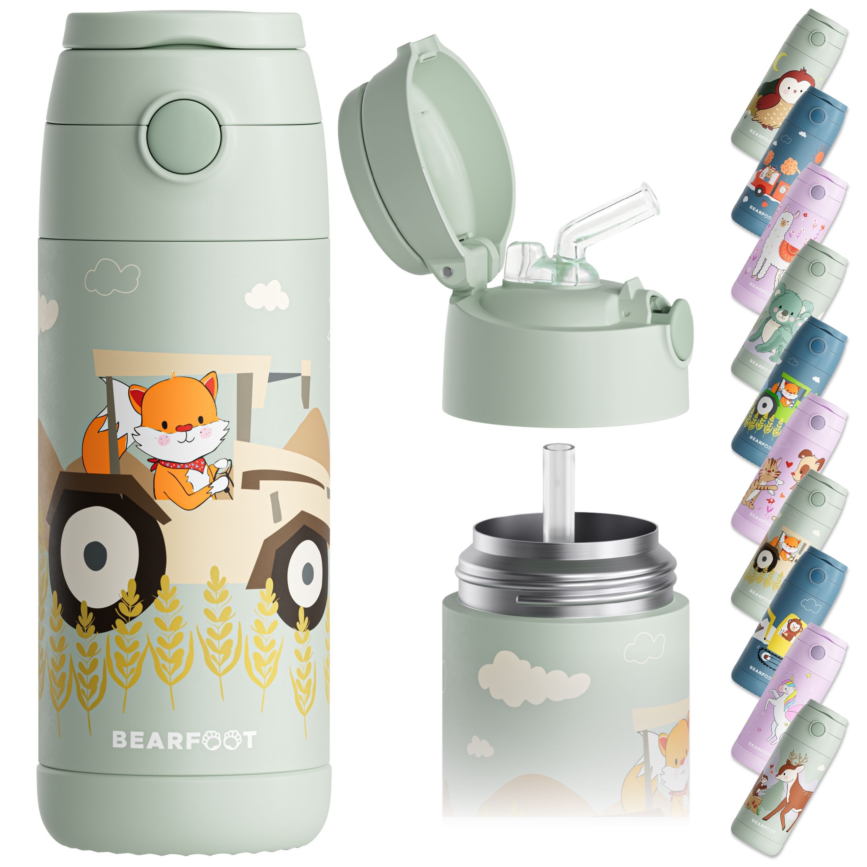 BEARFOOT Trinkflasche Thermo Kinder Trinkflasche Edelstahl - Traktor grün, Thermosflasche, auslaufsicher, Edelstahl, Kinderflasche, BPA-frei