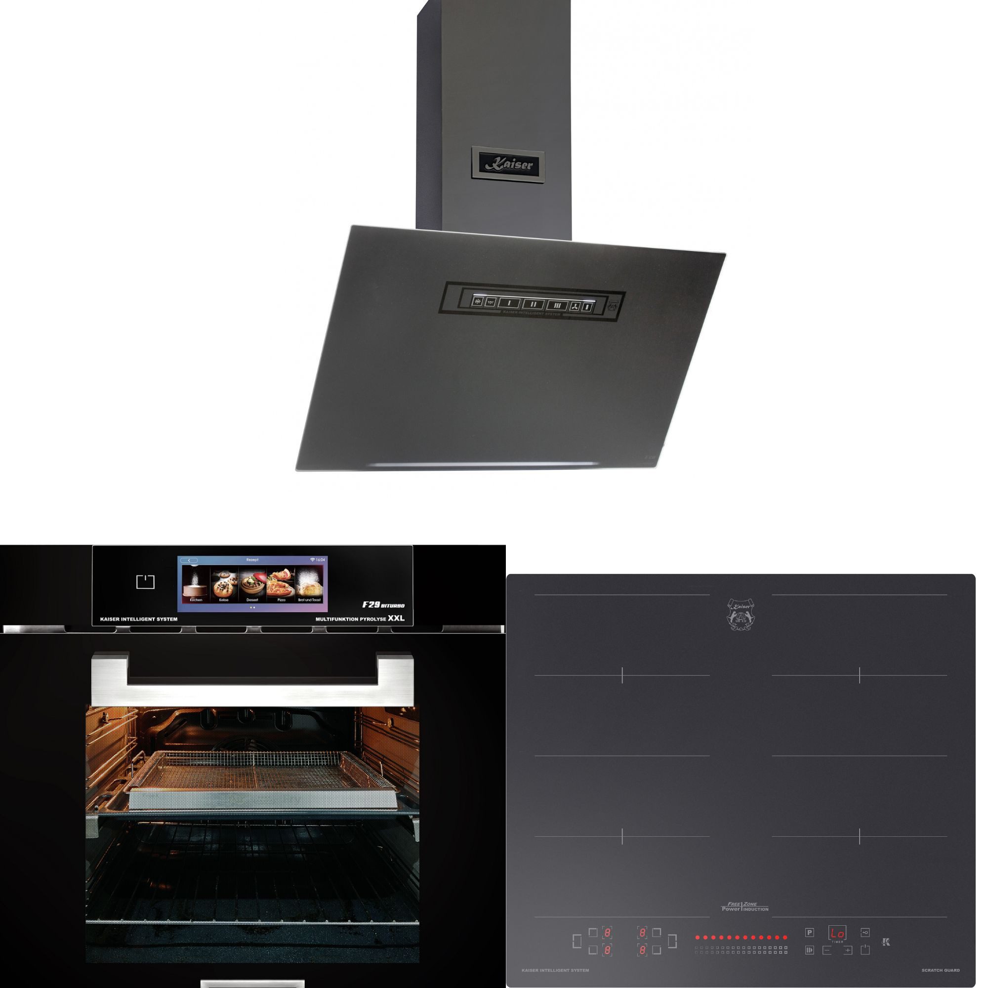 Kaiser Küchengeräte Backofen-Set Herd Set Autark Multifunktions-Elektro-Backofen mit Pyrolyse und Dampfreinigung, TFT Display, 60cm, 86L,Air Fry+Induktions Kochfeld Autark Herd Power Booster 60 cm Anti Scratch/ matt+Dunstabzugshaube 60cm Moire Glas in Graphitgrau 850m³/h EH 6344 N+KCT 6110 FI+AT 6402 ECO, mit 1-fach-Teleskopauszug