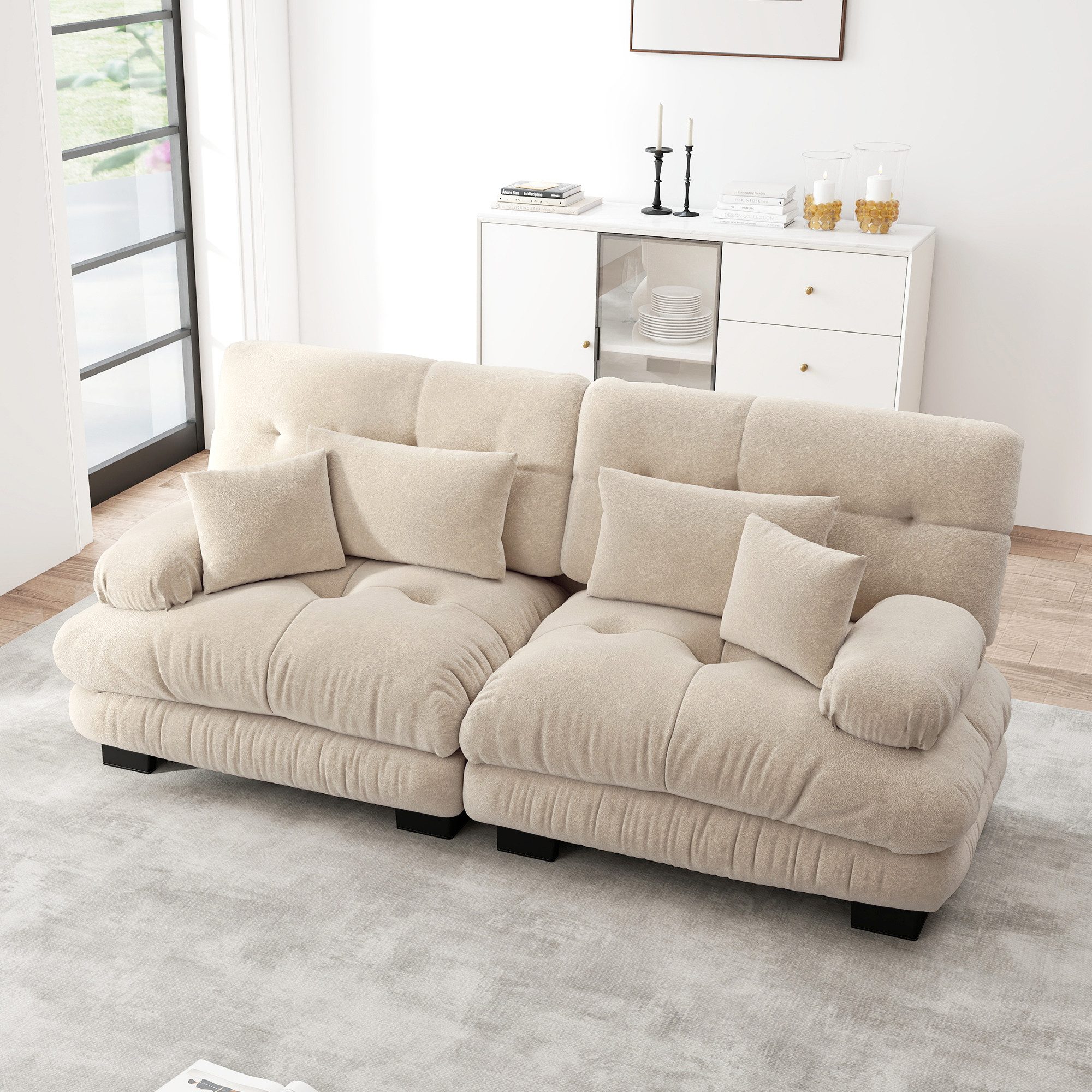 HAUSS SPOLE Schlafsofa für Wohnzimmer aus Chenille,Doppelsofa Zweisitzer mit Kissen,Hellbraun