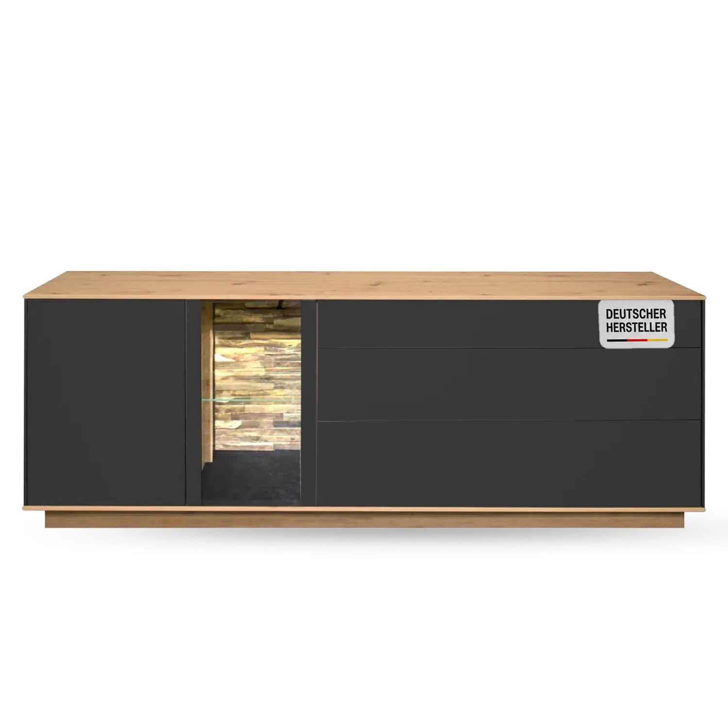 Storado Lowboard Faro Sockel 169–207×71×42cm, Lowboard mit Glasfach, Farbe wählbar, LED-Beleuchtung, Push-to-open und gedämpfte Türen