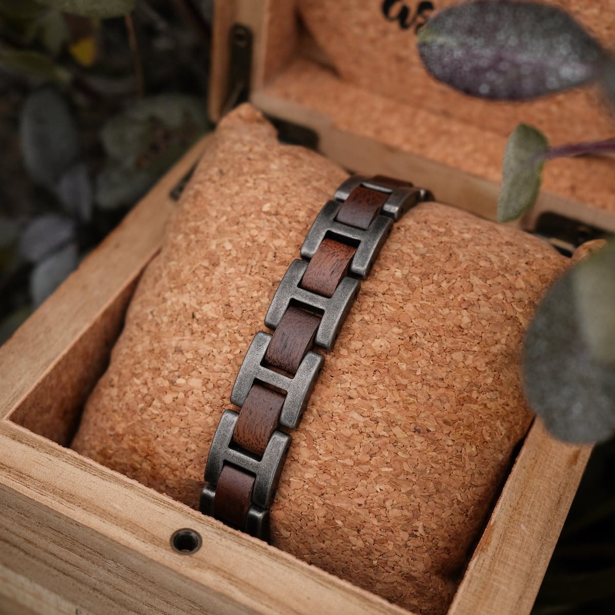 Holzkern Gliederarmband Herren-Edelstahl mit Holz Acoustic Walnuss/Antik-Silberfarben