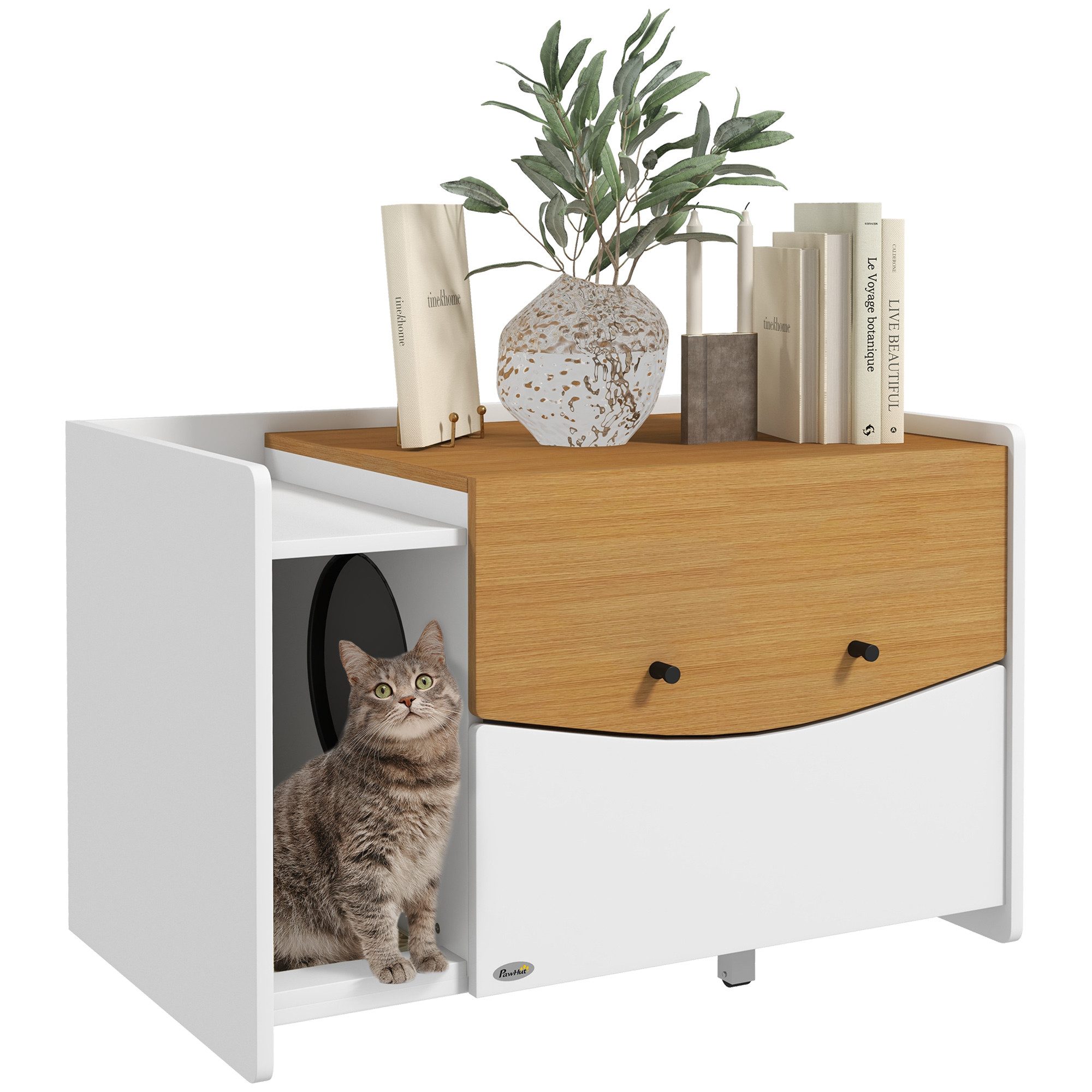 PawHut Katzentoilette Katzenschrank, Katzenhaus, für Katzen unter 5 kg, 78x50x51cm, für Wohnzimmer, Eiche