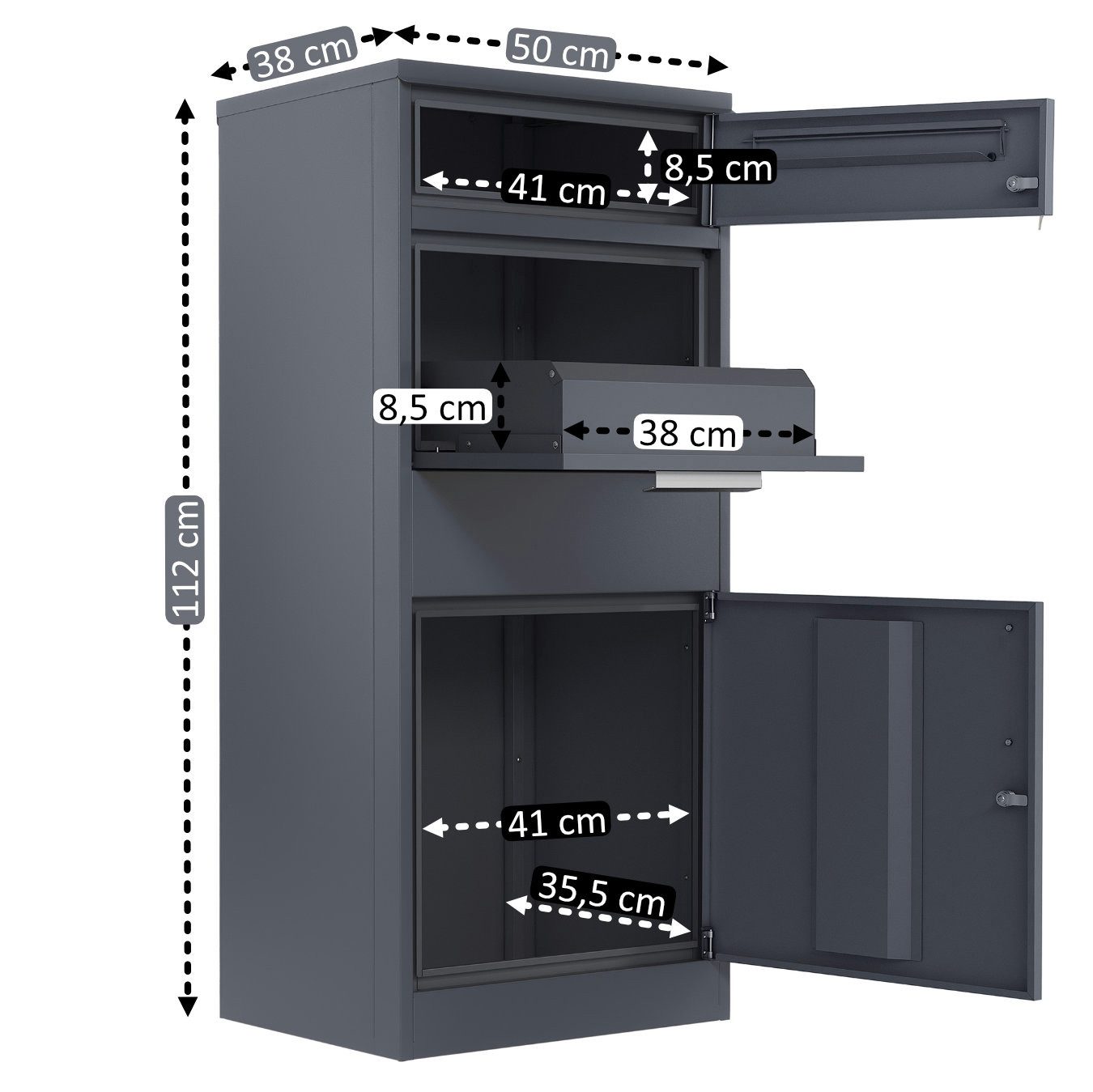 Zelsius Paketbriefkasten RAL7016 Anthrazit mit dunkelbraunen Holzoptik, Diebstahlsperre