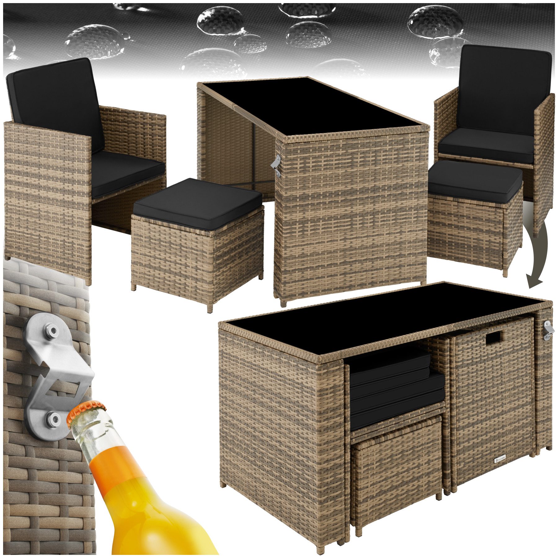 tectake Sitzgruppe Rattan Sitzgruppe, (Set., 5-tlg), Stabiles Stahlgestell mit bodenschonenden Kunststoffkappen