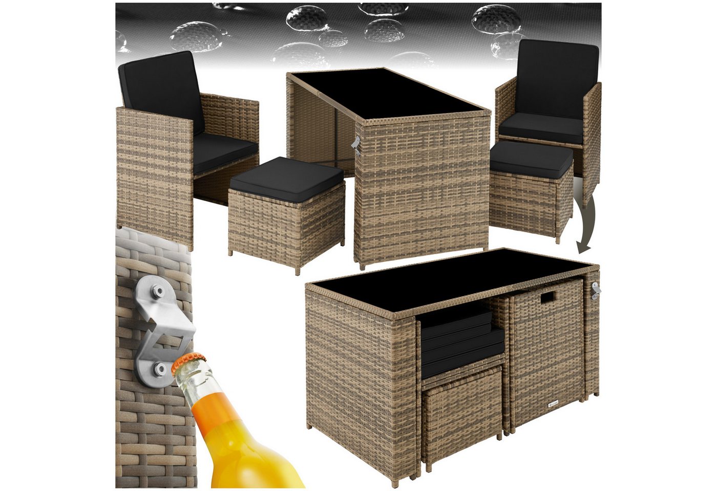 tectake Sitzgruppe Gartenmöbel Set aus Polyrattan für 2-4 Personen, UV-beständig, (Balkonmöbel Palermo, 5-tlg., in Natur), Tisch mit Sicherheitsglasplatte und platzsparend zusammenschiebbar