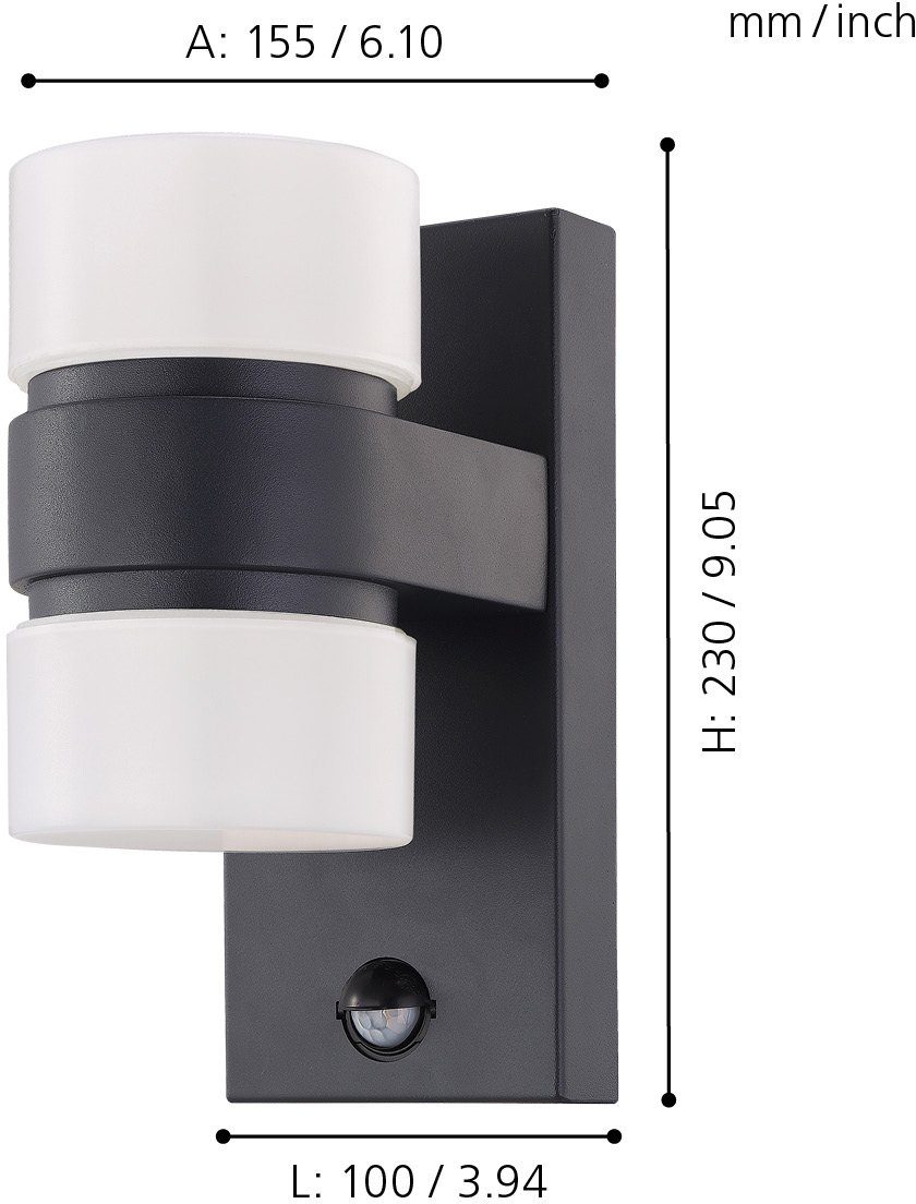 EGLO LED Außen-Wandleuchte ATOLLARI, Bewegungsmelder, Leuchtdauer einstellbar, Sensorschalter, Tageslichtsensor, LED fest integriert, Warmweiß, 6M Reichweite, Licht nach oben und unten, Außenlampe, Outdoor Lampe