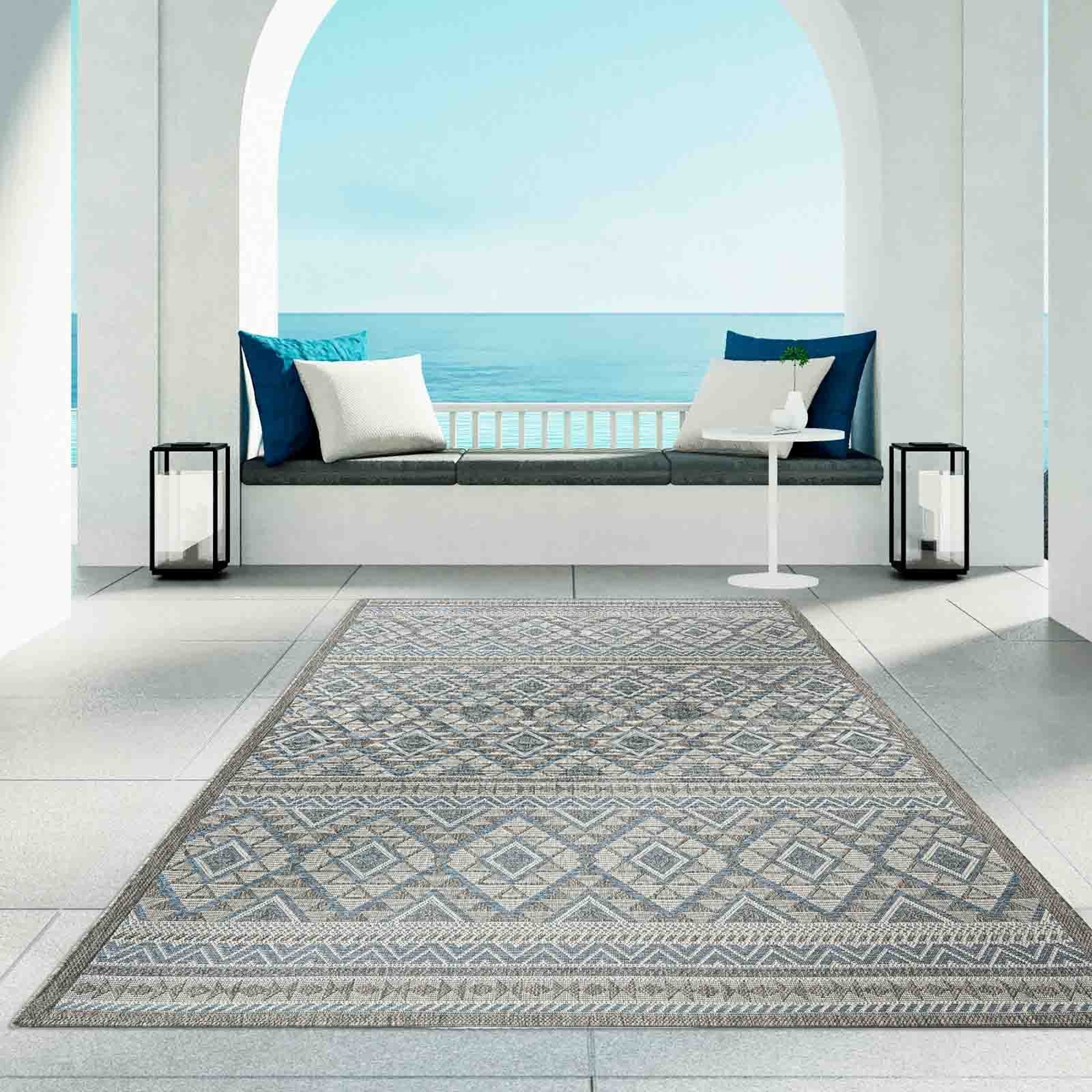Teppich Regina Teppich aus robustem Flachgewebe für In und Outdoor, TaraCarpet, rechteckig, Höhe: 7 mm, Küche Wohnzimmer Terrasse Garten Balkon Indio blau 67x180 54126330blau