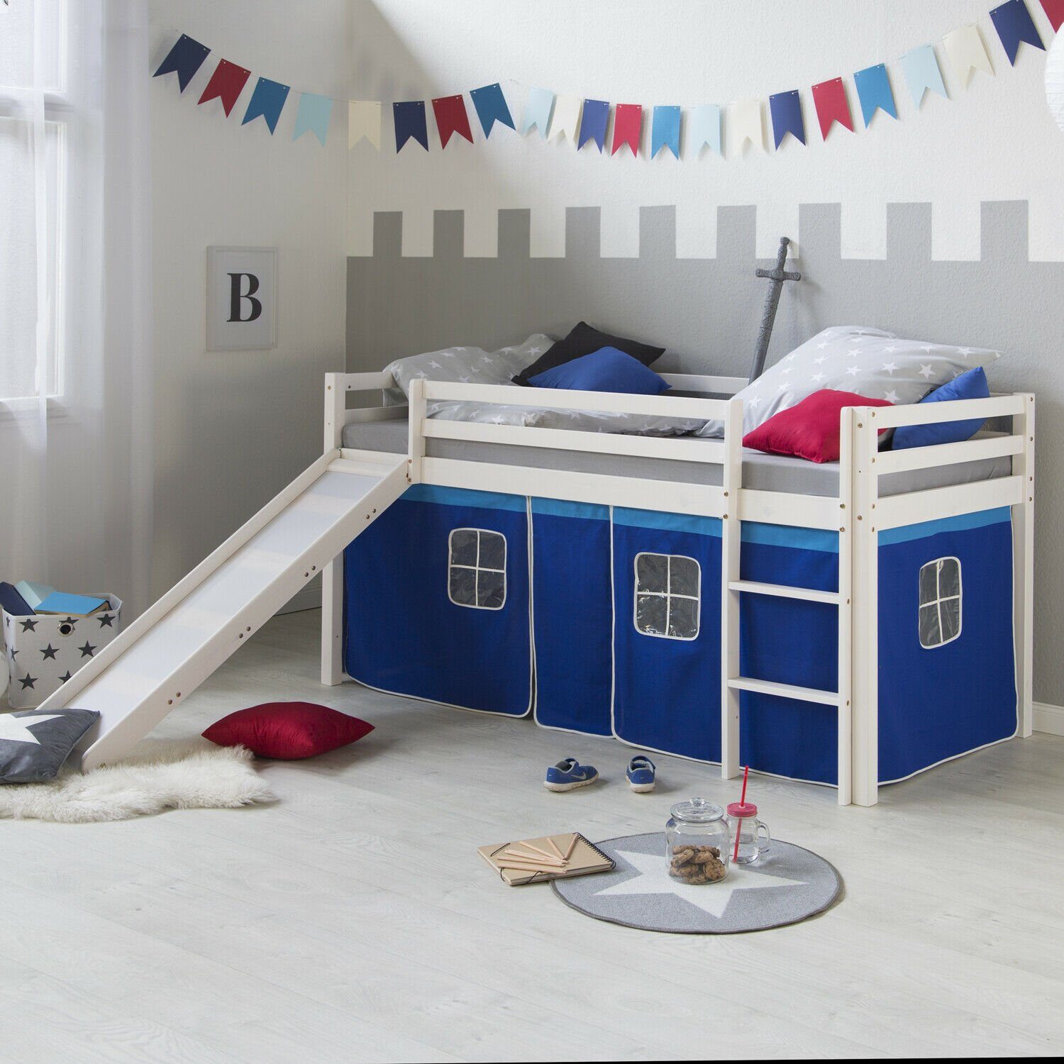 Homestyle4u Hochbett 90x200 mit Vorhang Lattenrost Matratze Rutsche in Weiß günstig online kaufen
