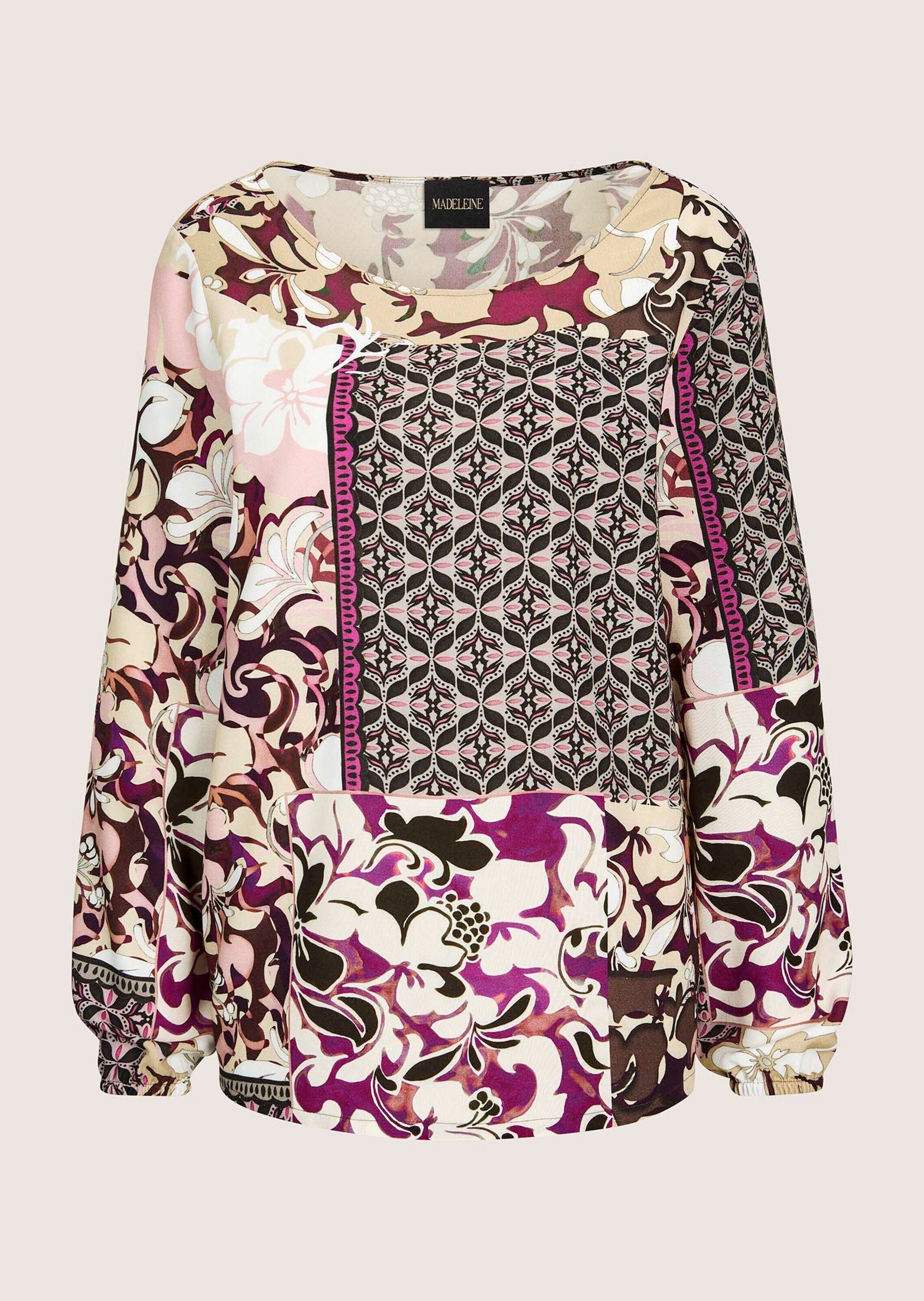 MADELEINE Schlupfbluse Viskosebluse mit floralem Muster-Mix Fließende Freizeitbluse mit Rundhals, Gummibündchen und Langarm