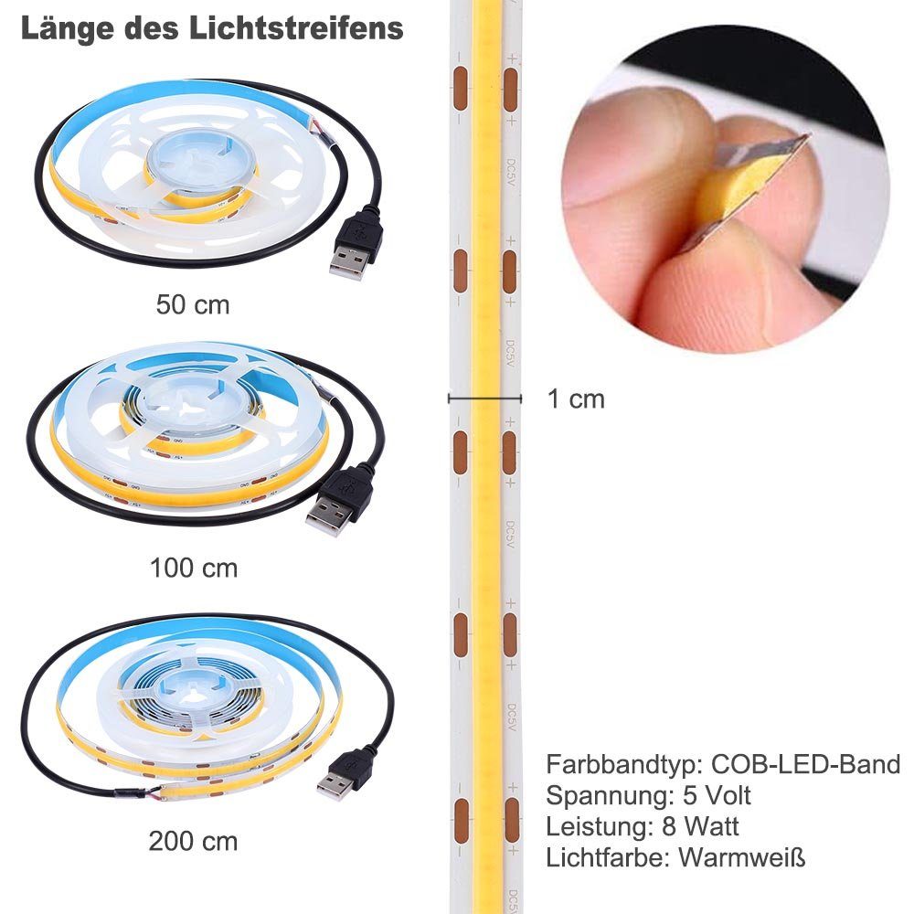 Lichterkette USB, 5V, Stripe Lichtband Rosnek Warmweiß Lichtstripe, 0,5/1/2M, Leiste Biegbares LED-Streifen LED COB