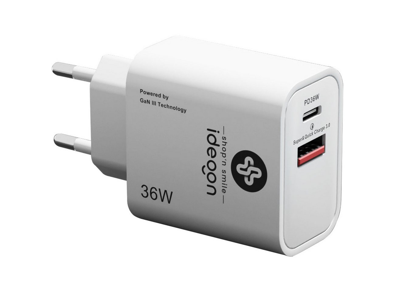 shop'n smile ideoon Dual 36W USB Ladegerät Schnellladegerät USB-C & USB-A GaN III Smartphone-Ladegerät (1-tlg., 1er/2er/3er-Set, USB-Ladestecker/GaN III Technologie & USB-C PD Schnelllader)