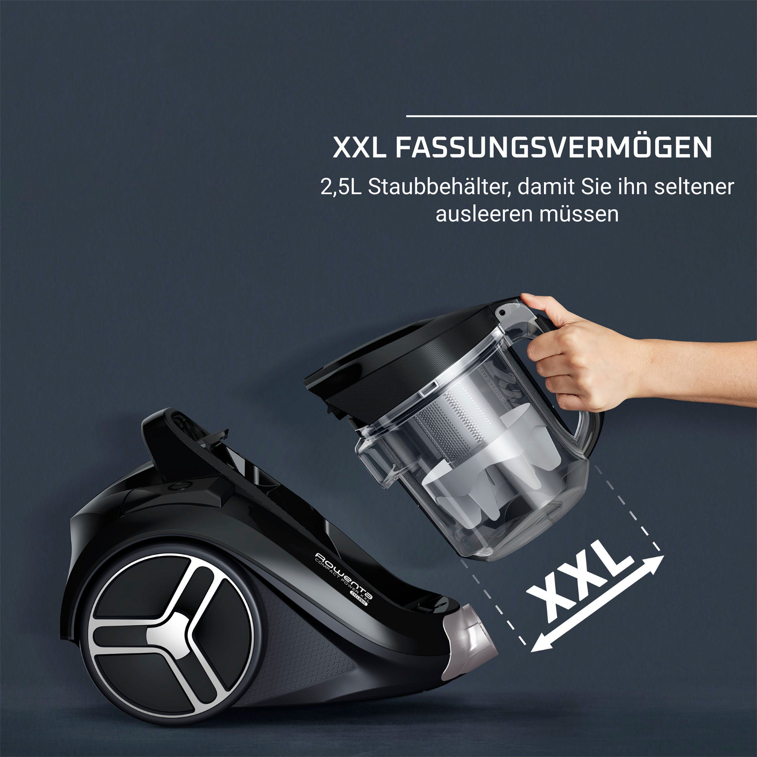 XXL, Liter Compact RO4B11 leicht Power Staubbehältervolumen Saugleistung, W, kompakt, Bodenstaubsauger & beutellos, Rowenta hohe 2,5 900
