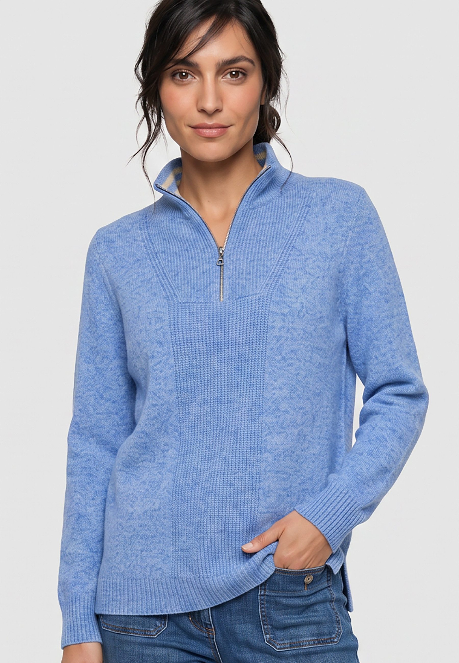 Olsen Strickpullover mit Troyerkragen und Reißverschluss