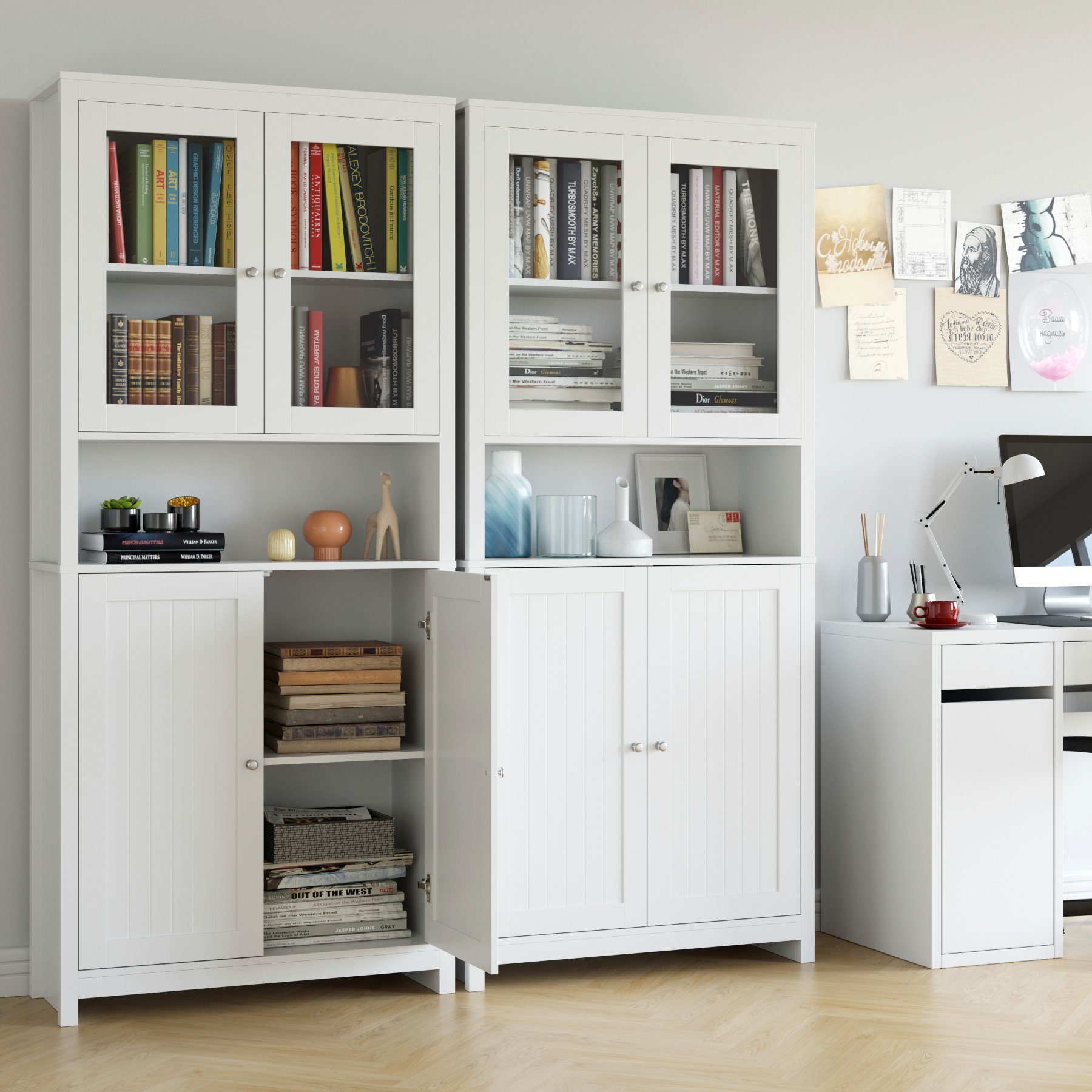 mit Hochschrank Homfa Vitrinenschrank, 190cm Weiß Buffet, 4 Bücherschrank Türen,