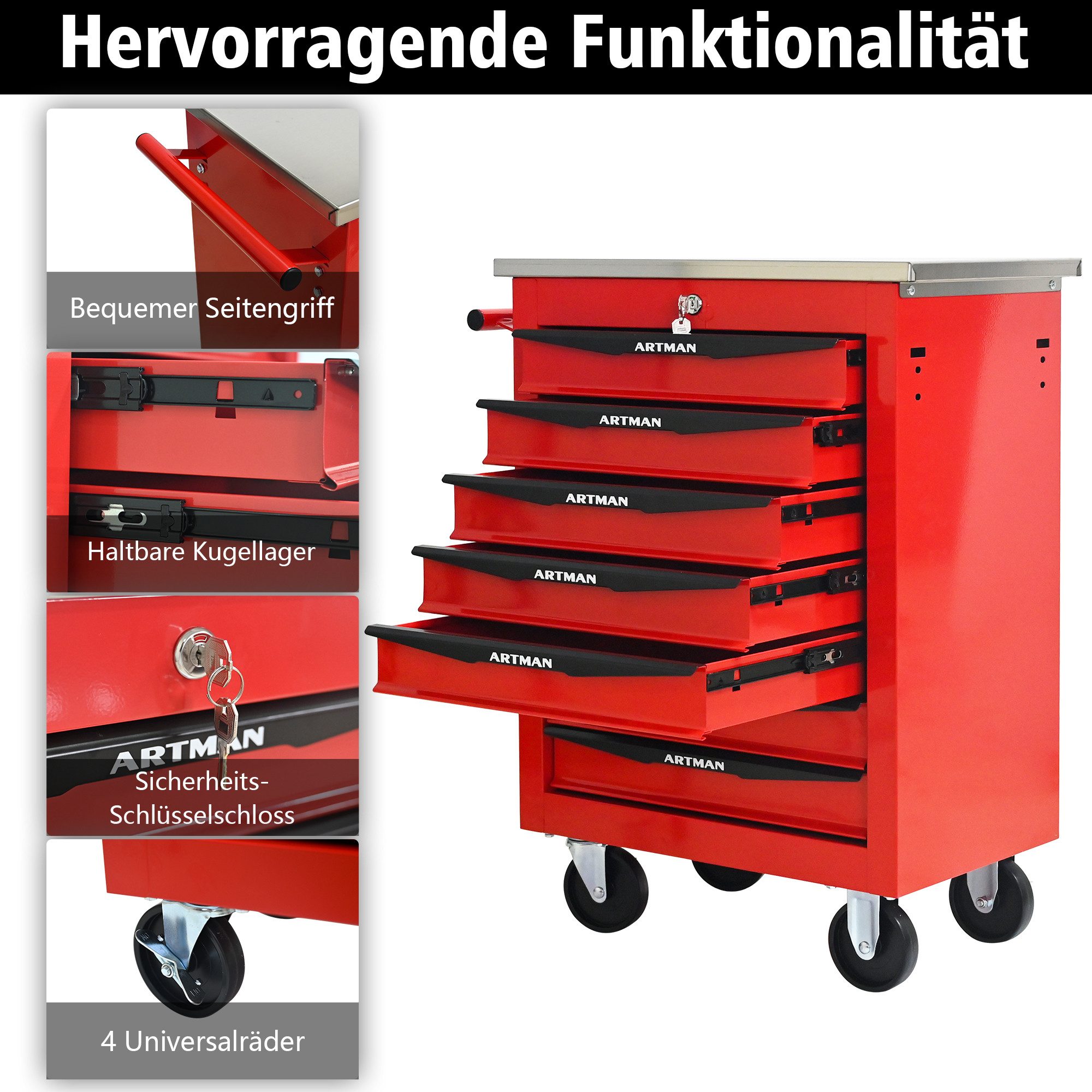Rolipo Werkzeugwagen Multifunktions- Werkstattwagen aus Stahl mit Doppeltür & 360°-Rollen, Rot, herausnehmbare Trennwände, Werkstatt/Lagerraum/Arbeitszimmer/Garage