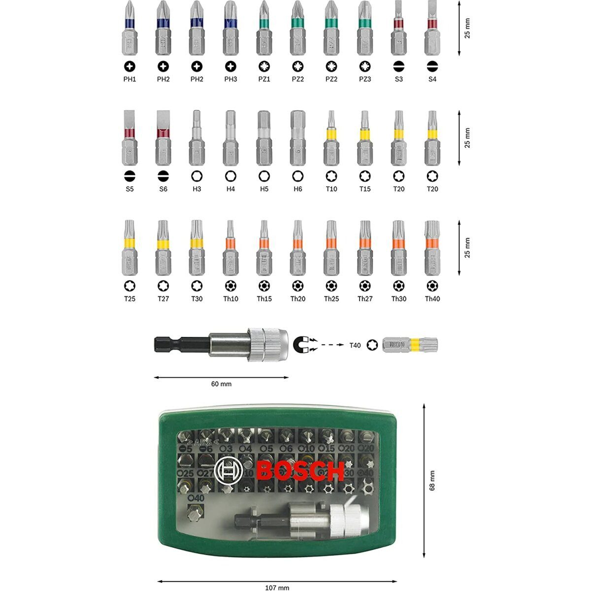 BOSCH Bohrer- und Bitset 32tlg. Schrauberbit-Set PH-, PZ-, Hex-, T-, TH-, S-Bit, mit Gürtelclip