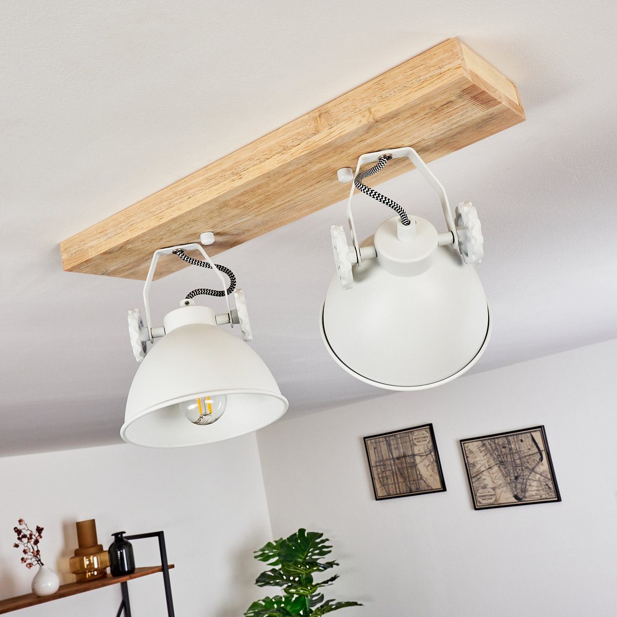 mit Metall/Holz Leuchtmittel, in Deckenleuchte Deckenlampe aus Design Weiß/Natur, hofstein Strahlern, verstellbaren 2xE14, Retro/Vinatge ohne »Mot«