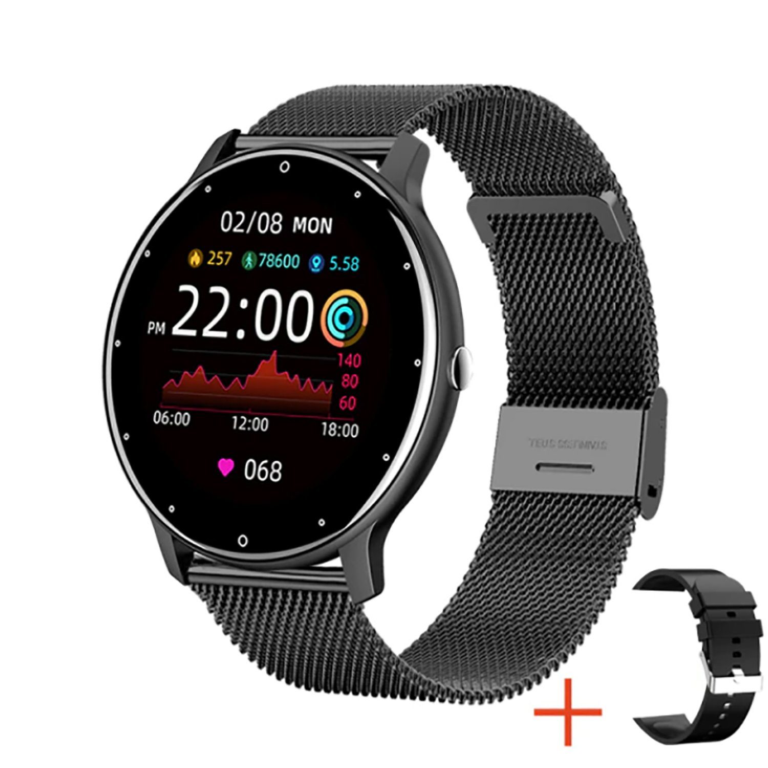 TPFNet SW06 mit Milanaise Armband + Silikon Armband Smartwatch (Android), individuelles Display - Armbanduhr mit Musiksteuerung, Herzfrequenz, Schrittzähler, Kalorien, Social Media etc., Schwarz