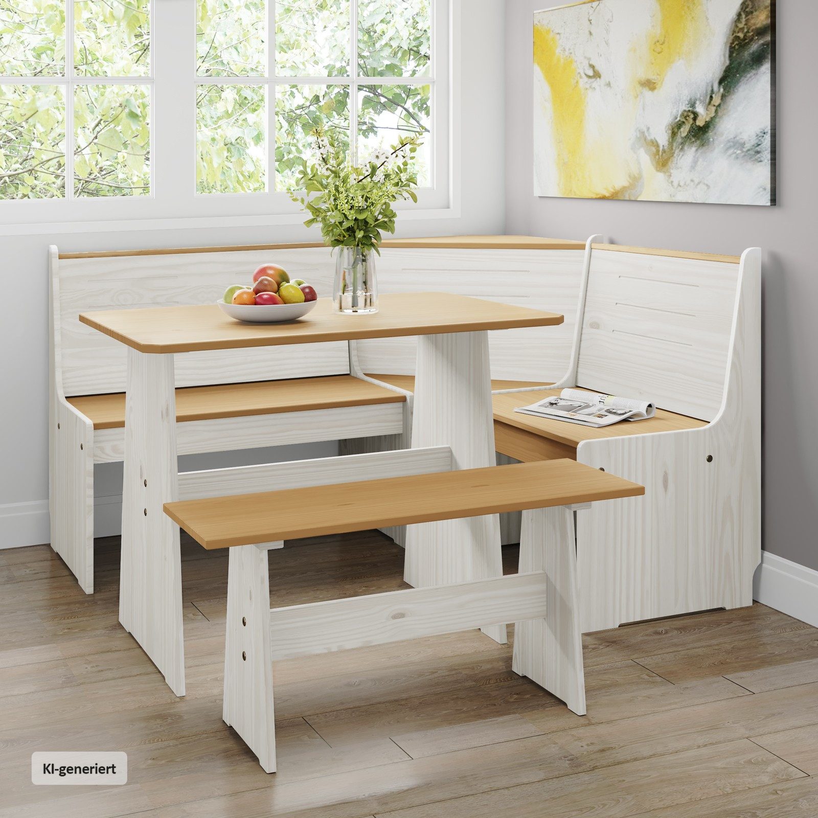 HTI-Living Eckbank Eckbankgruppe Marija (Set, 3-St., 1 Esstisch, 1 Eckbank mit Rücklehne, 1 Sitzbank), Esstisch Eck- und Sitzbank Landhausstil