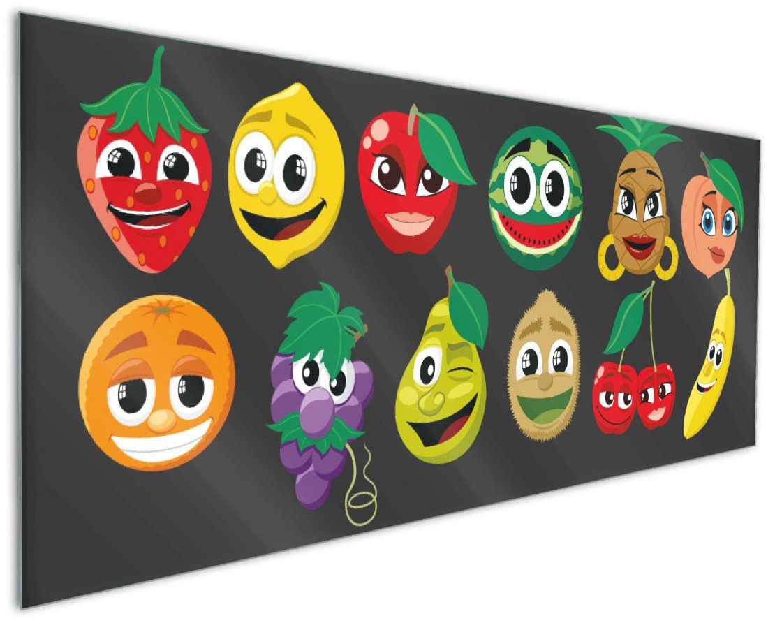 Wallario Küchenrückwand Obst-Smilies im Comic-Stil - Lustige Früchte, (1-tlg)