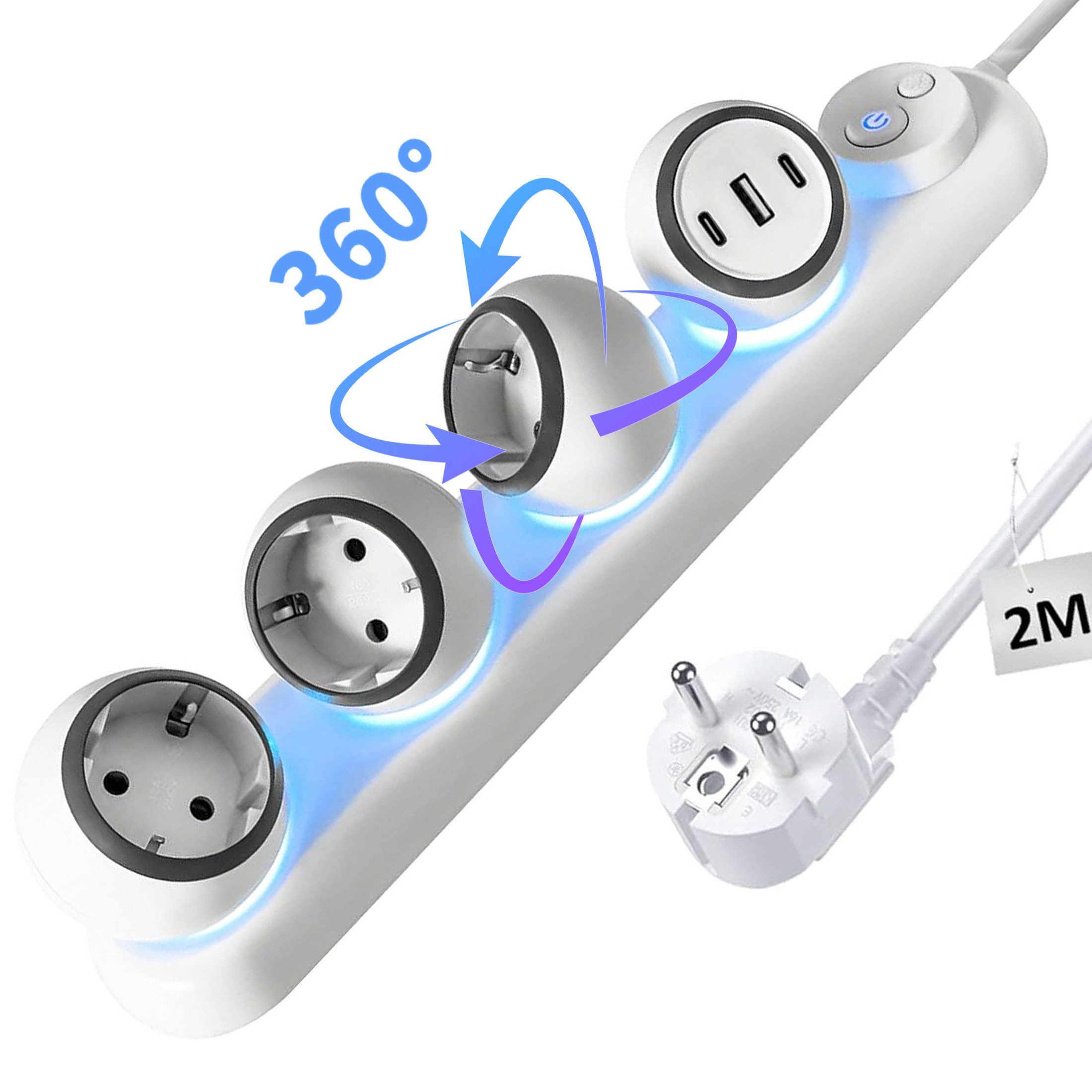 Luckice 360° drehbare Steckdosenleiste 3-Fach mit 3 USB(2 USB-C + 1 USB-A) Steckdosenleiste 3-fach (Schalter & LED Stimmungslicht, Wandmontage, Mehrfachsteckdose mit Überspannungsschutz, 2 m Verlängerungskabel), 3680W Steckdosenadapter für Zuhause, Küche
