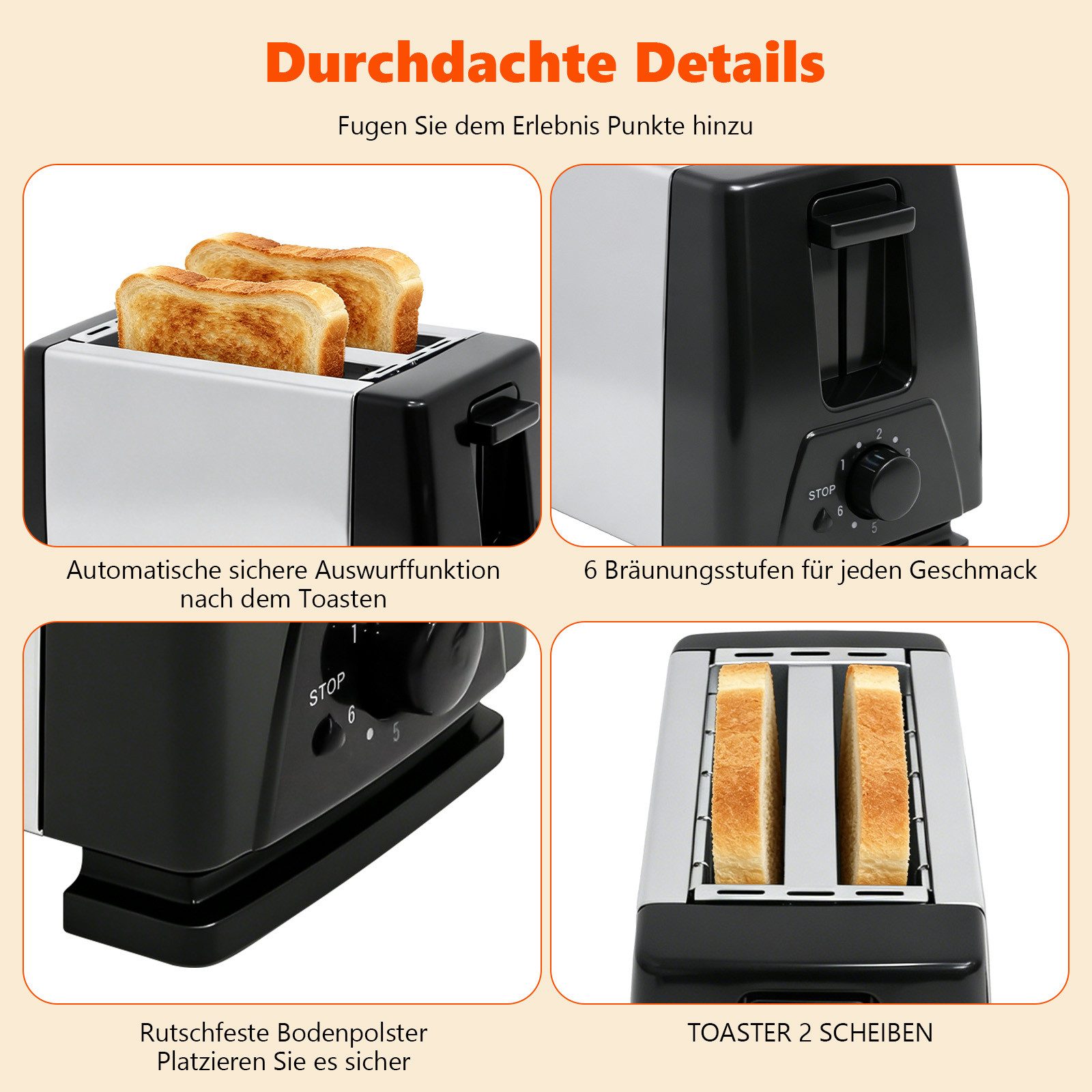 OZAVO Toaster 2-Scheiben-Toaster mit 6 Stufen und Stoppfunktion, 2 kurze Schlitze, für 2 Scheiben, 650 W, Brot-Schlitz: 13 cm × 3 cm,Mit Krümelschublade – Bild 4 von 5
