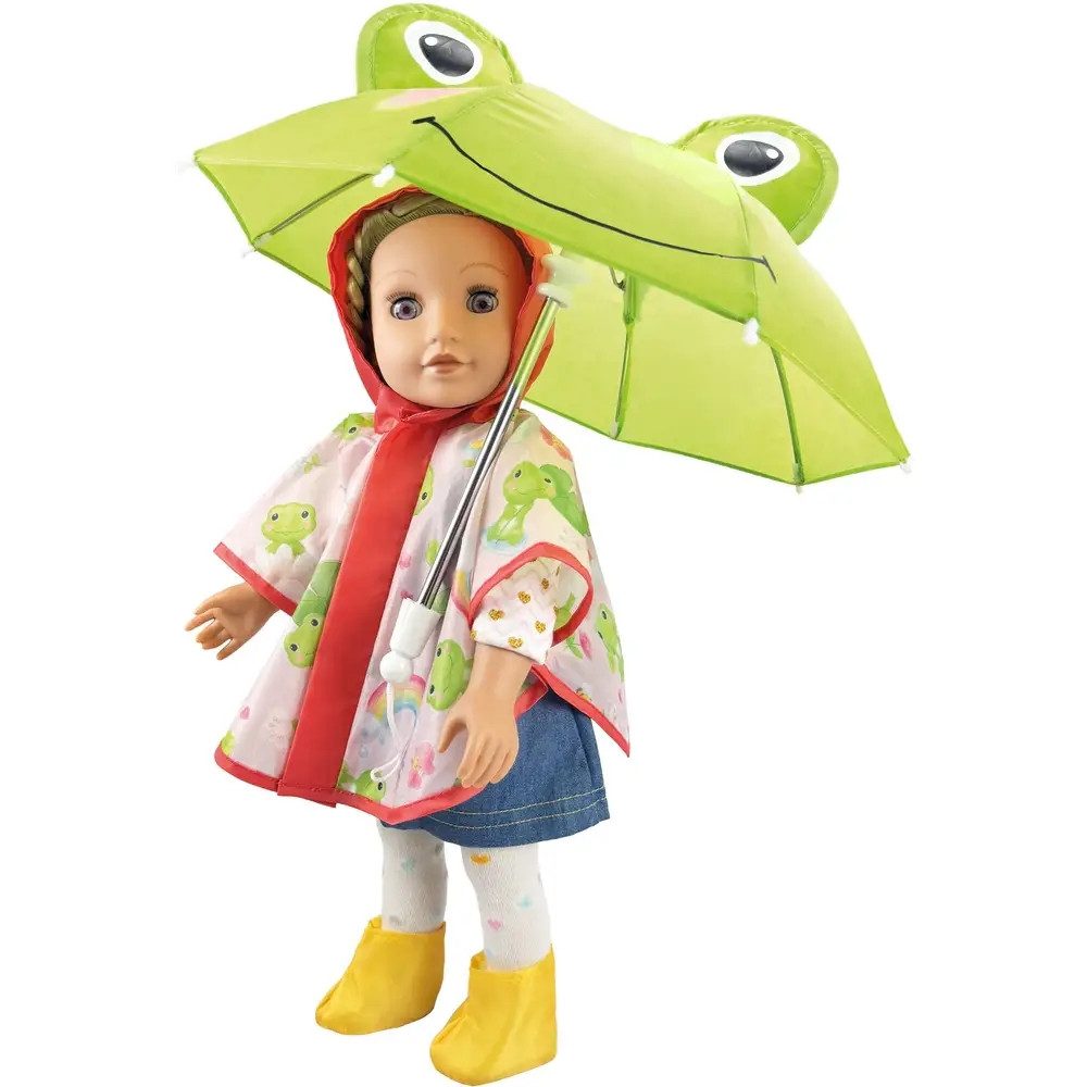 Heless Puppenkleidung Puppen-Regen-Set ''Froschi Carlo'' mit Regenschirm, Regencape und Stie