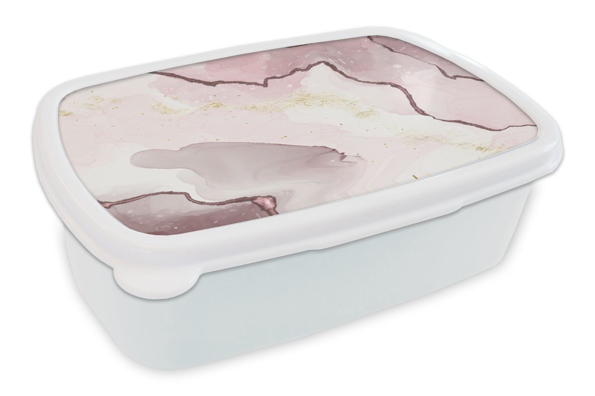MuchoWow Lunchbox Marmor - Rosa - Gelb, Kunststoff, (2-tlg), Brotbox für Kinder und Erwachsene, Brotdose, für Jungs und Mädchen weiß