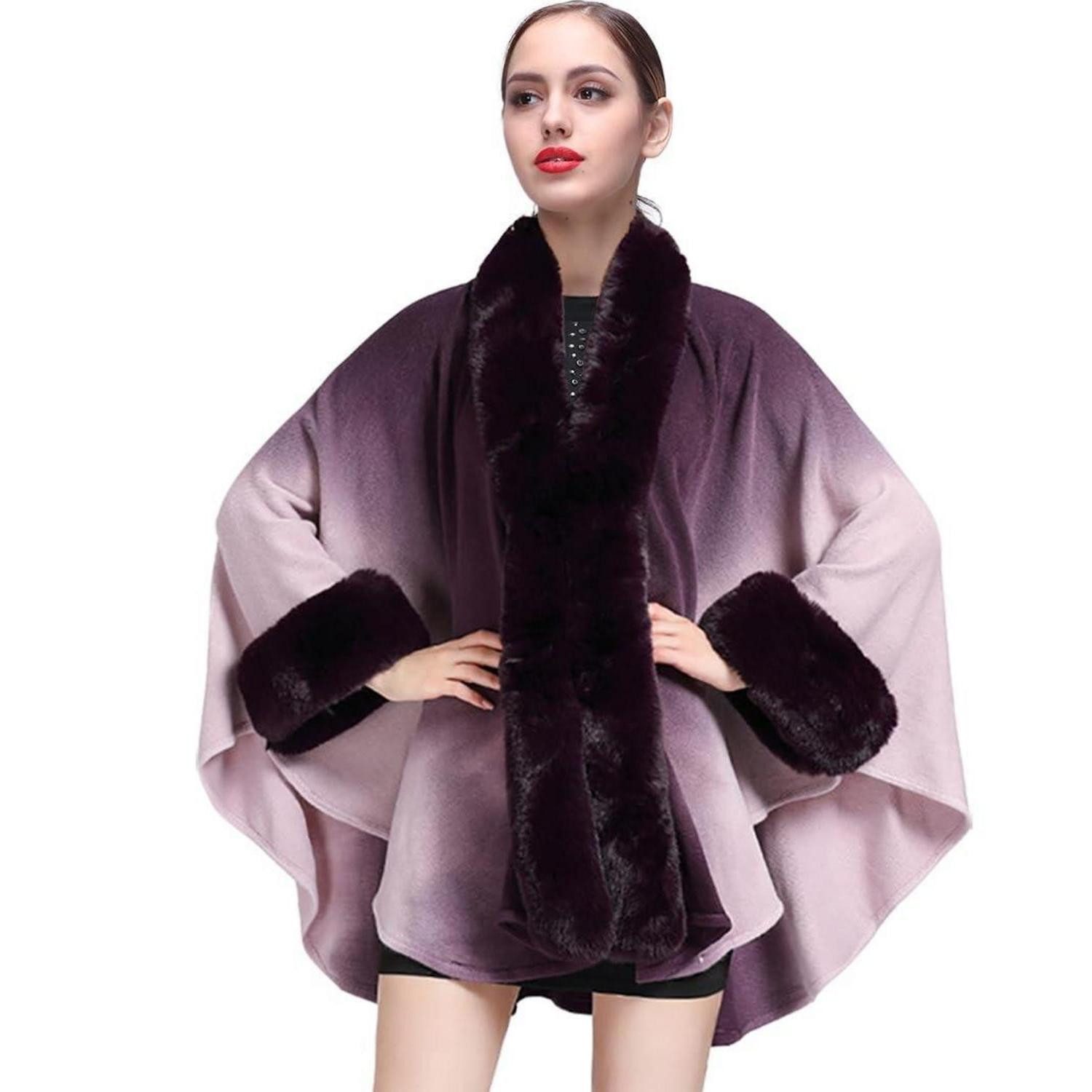LuxusKollektion Strickschal Poncho Cape Strick mit Kunstfellkragen Violett, (1-St)