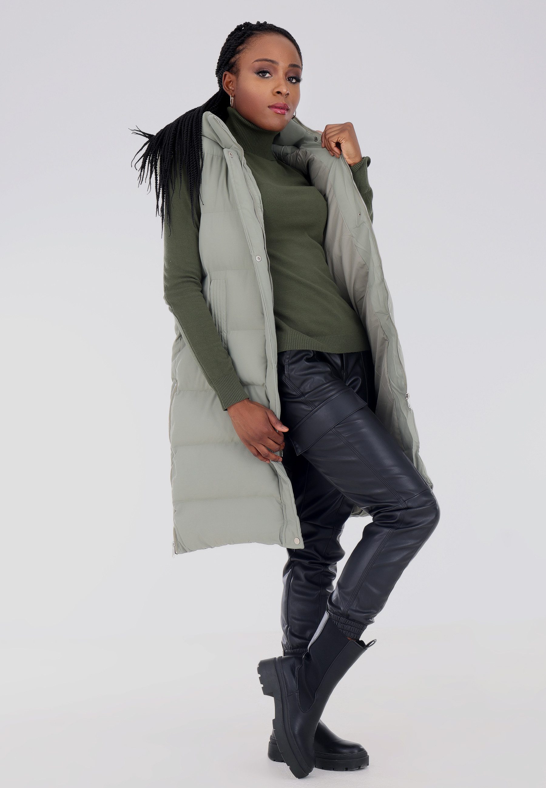 YC Fashion & Style Longweste Steppweste mit Kapuze in sportivem Look (Kein Set, 1 -tlg) in Unifarbe