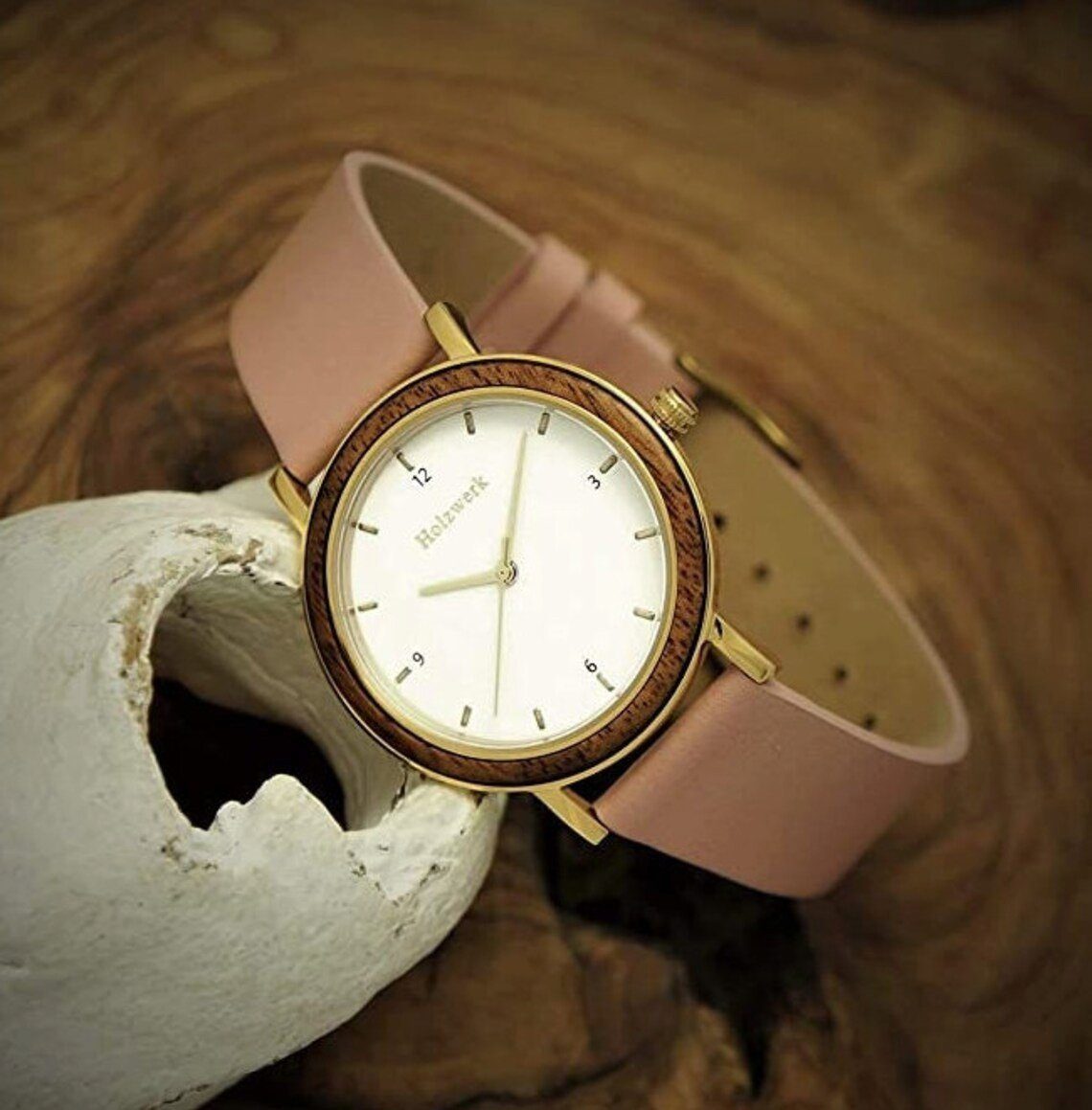 Damen Holzwerk ERLANGEN Uhr, & rosa, Edelstahl weiß, gold Quarzuhr Leder kleine Holz