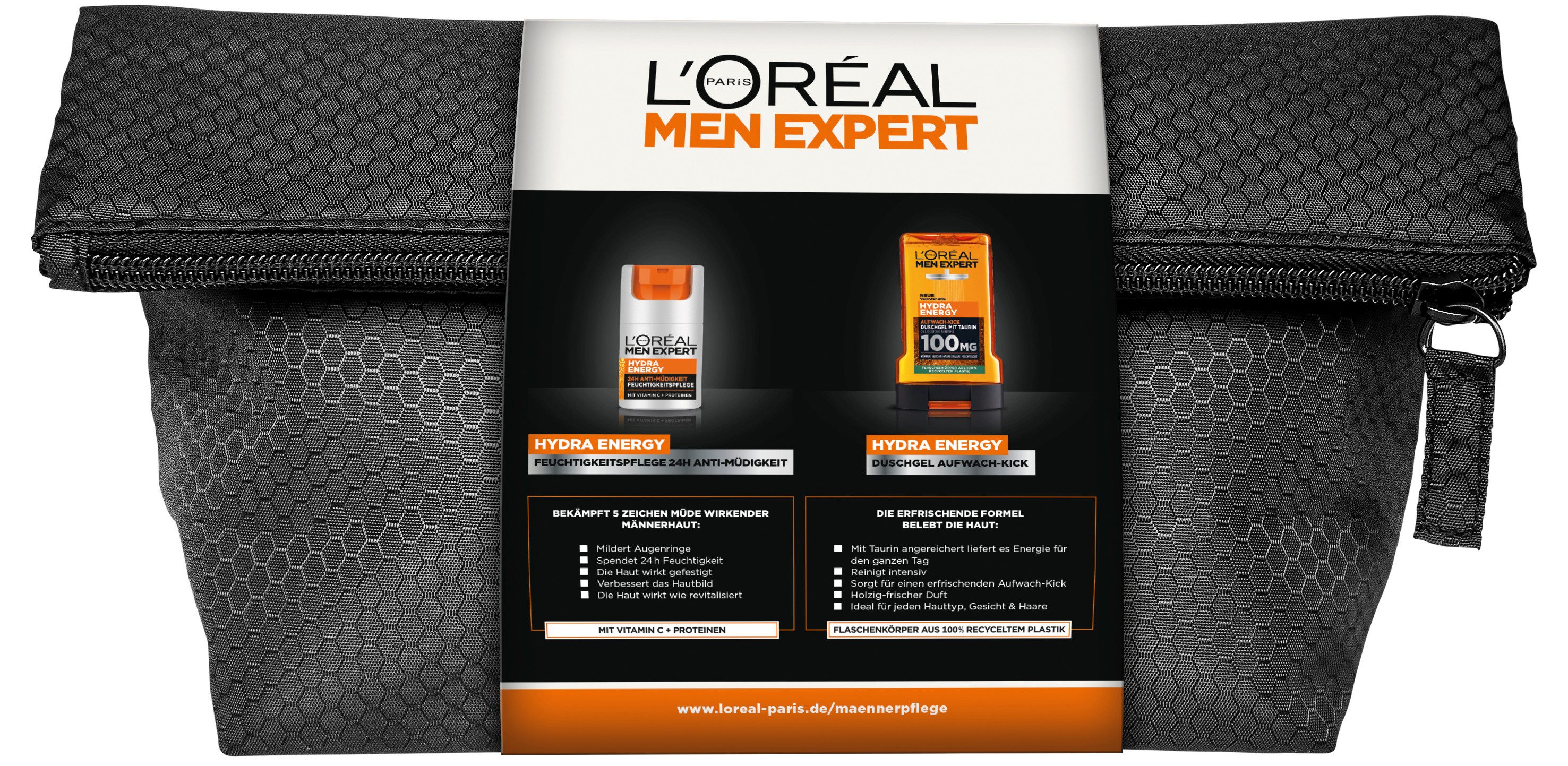 L'ORÉAL PARIS MEN EXPERT Pflege-Set HYDRA ENERGY BAG KULTURBEUTEL Set, 3-tlg., Set mit Duschgel und 24h Tagespflege