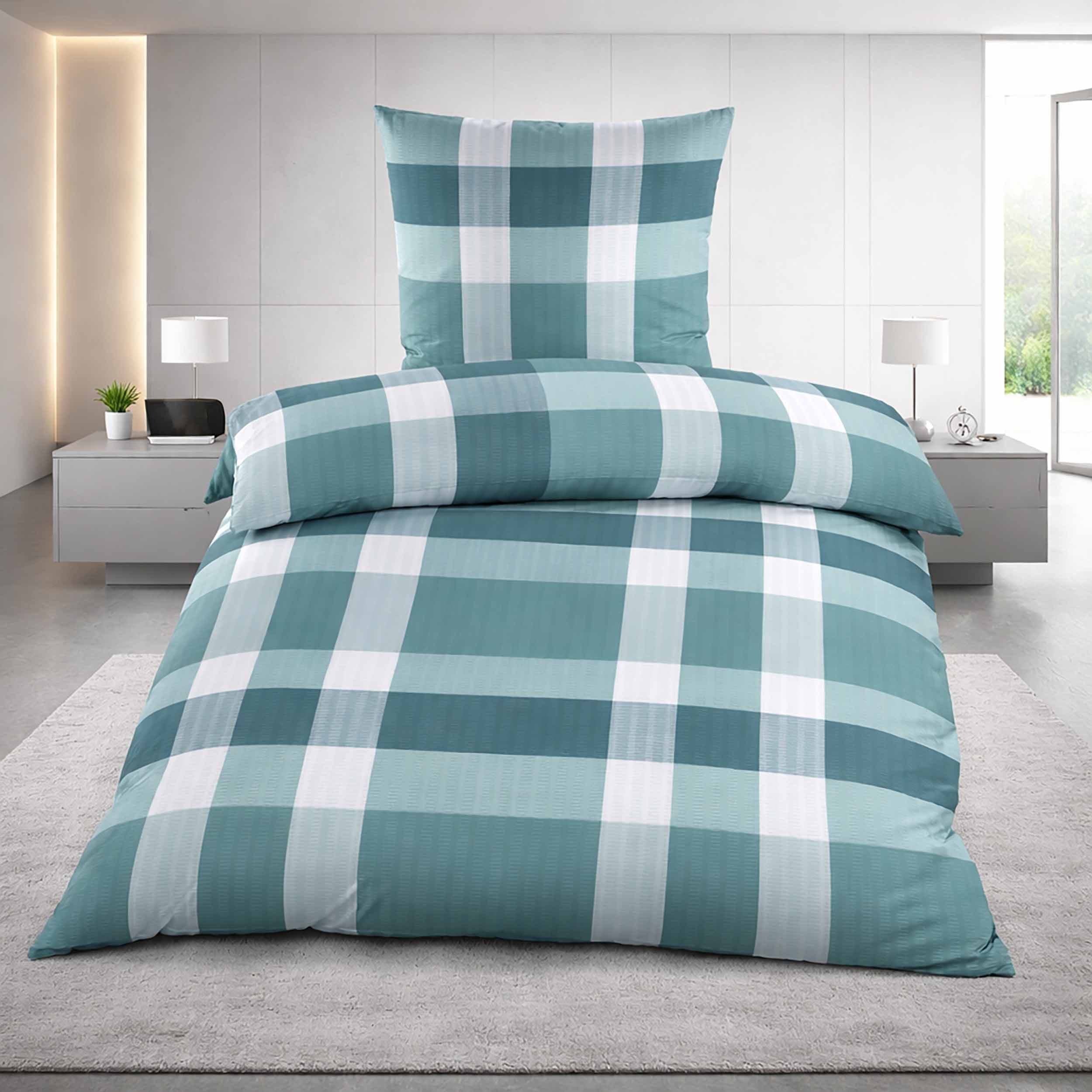 Casa Colori Bettwäsche Seersucker Bettwäsche 135x200 Reißverschluss Türkis Petrol kariert, Seersucker, 2 teilig, leicht