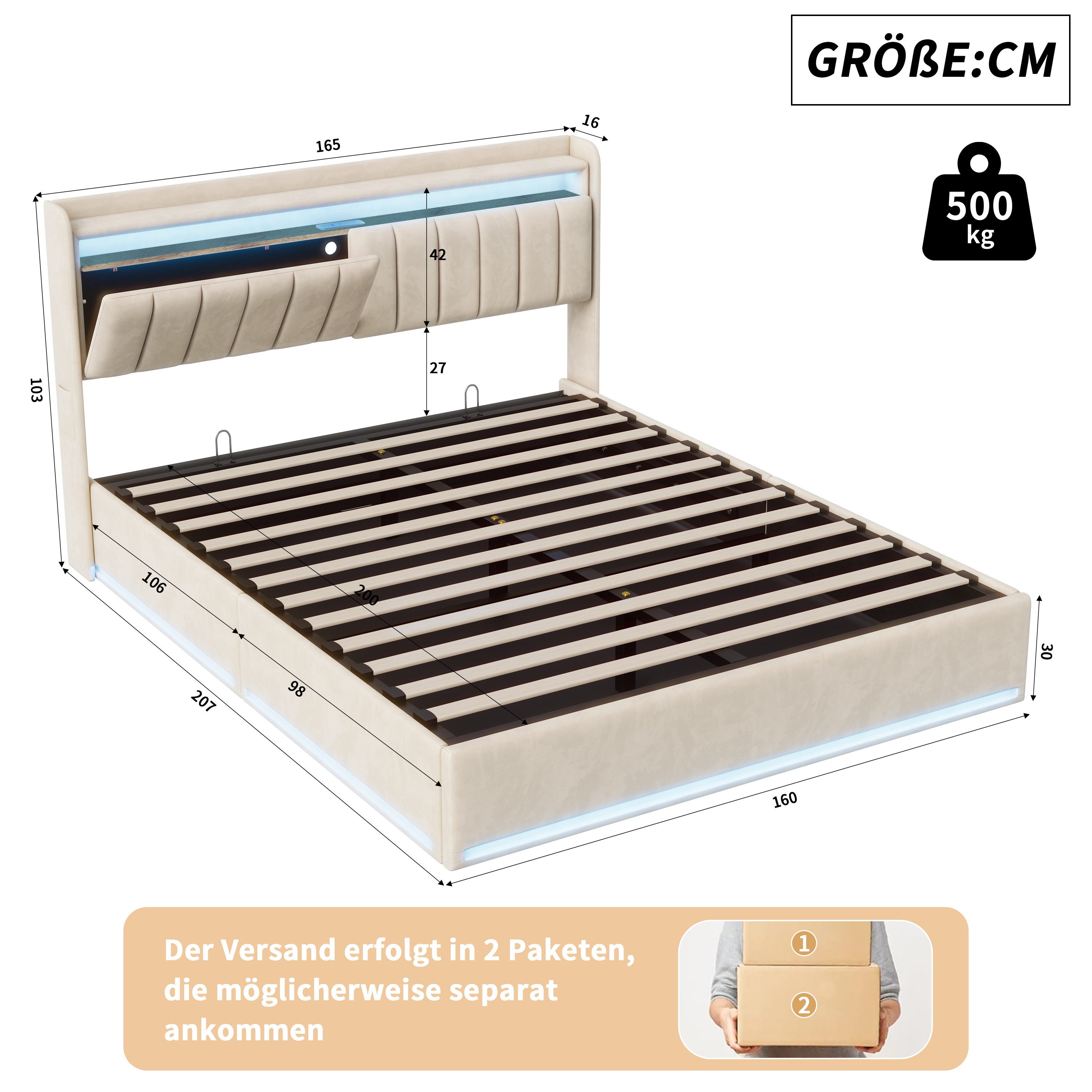 Gdood Polsterbett Stauraumbett Doppelbett LED (Type-C + USB, Hydraulisch hebbarer Stauraum), Mit Bettkasten, LED-Beleuchtung, USB-Anschluss, 140x200 cm – Bild 5 von 5